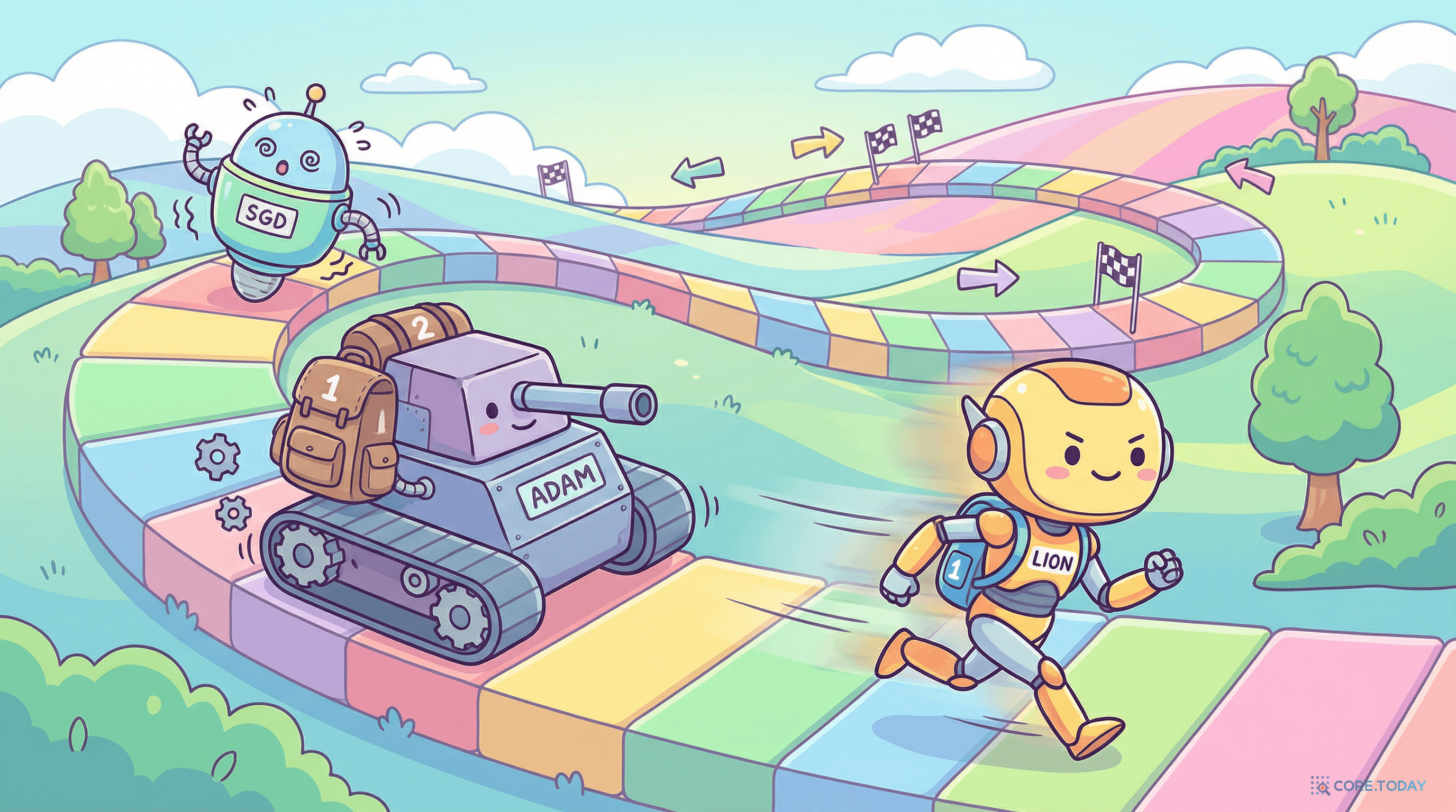 옵티마이저 레이스: 무거운 탱크(Adam), 가벼운 러너(Lion), 불안정한 SGD