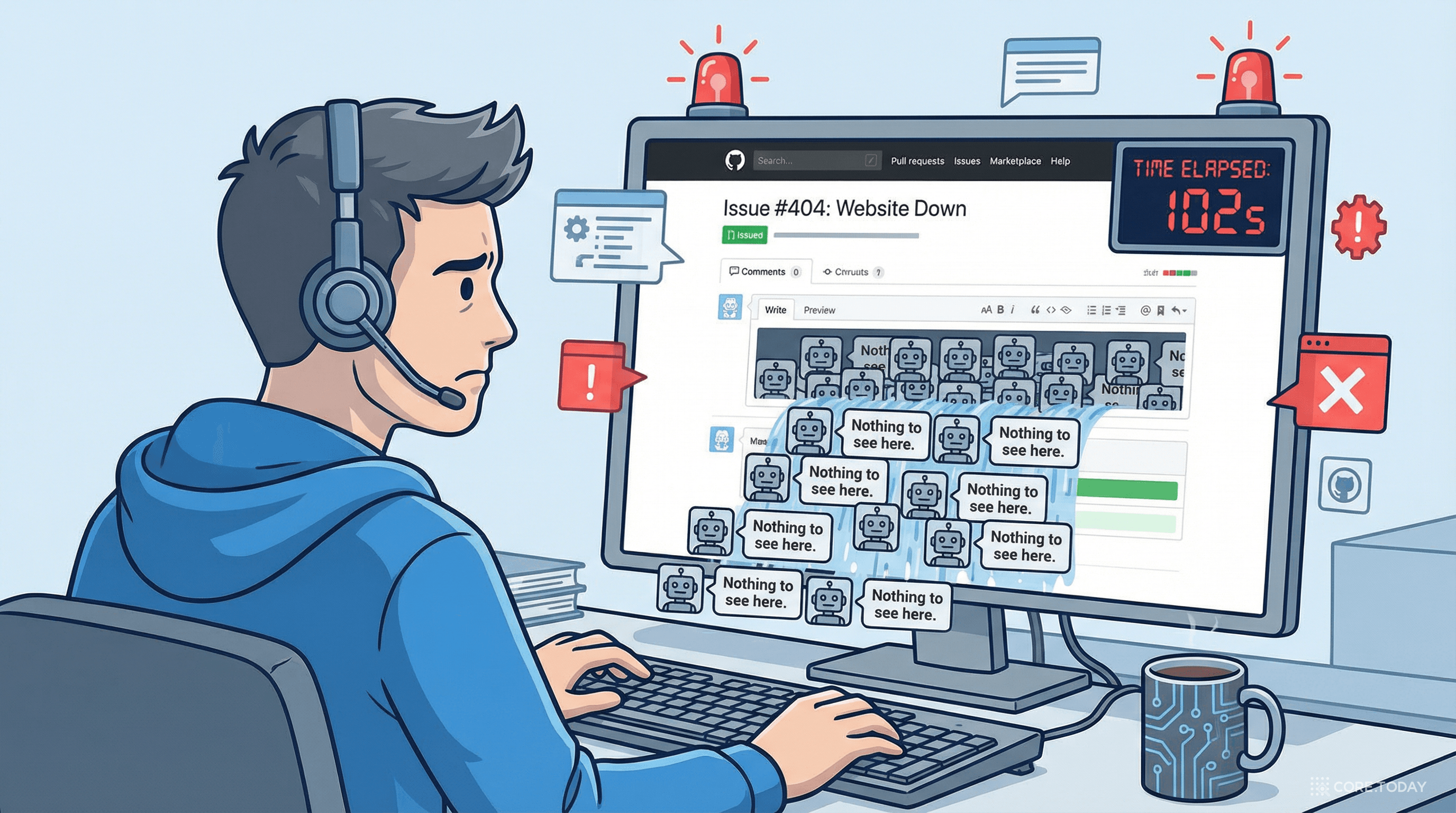 GitHub 이슈에 쏟아진 봇 댓글 — 102초 동안 73개 계정에서 88개 댓글