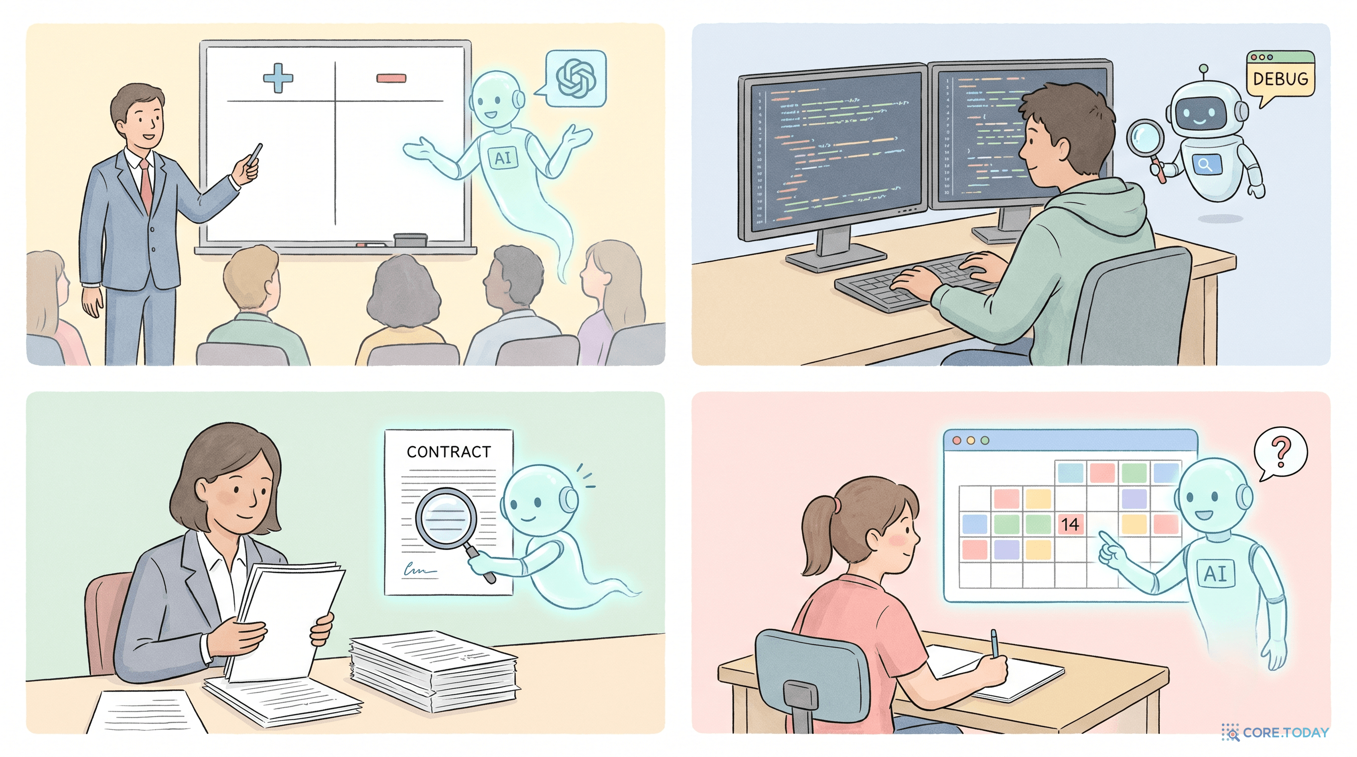 컨설턴트 전략 리뷰, 엔지니어 오류 해독, 변호사 계약 검토, 학생 학습 로드맵 네 가지 케이스의 2x2 일러스트