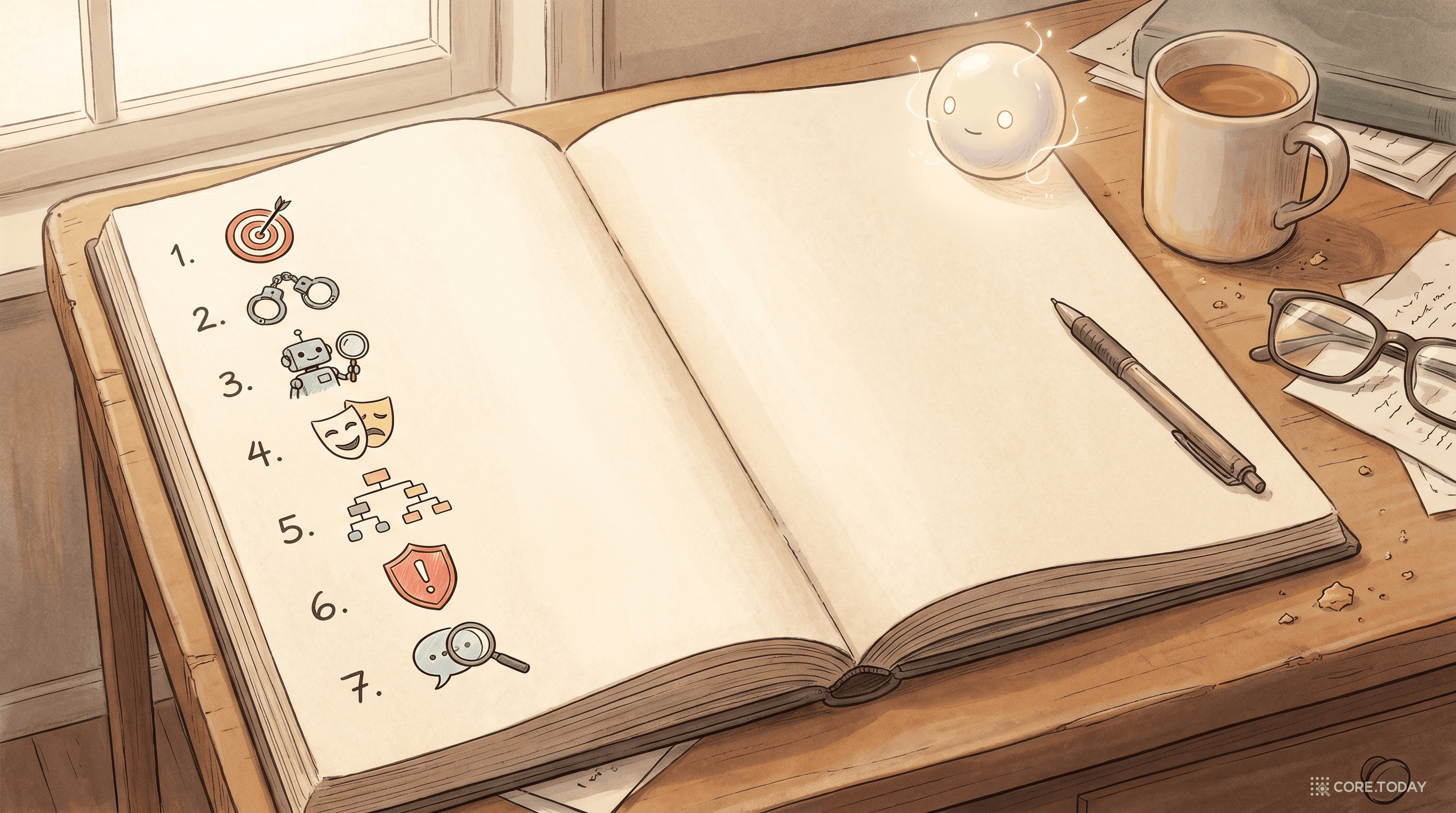 따뜻한 나무 책상 위 펼쳐진 공책에 7가지 프롬프트 설계 원칙 아이콘이 번호와 함께 그려진 일러스트