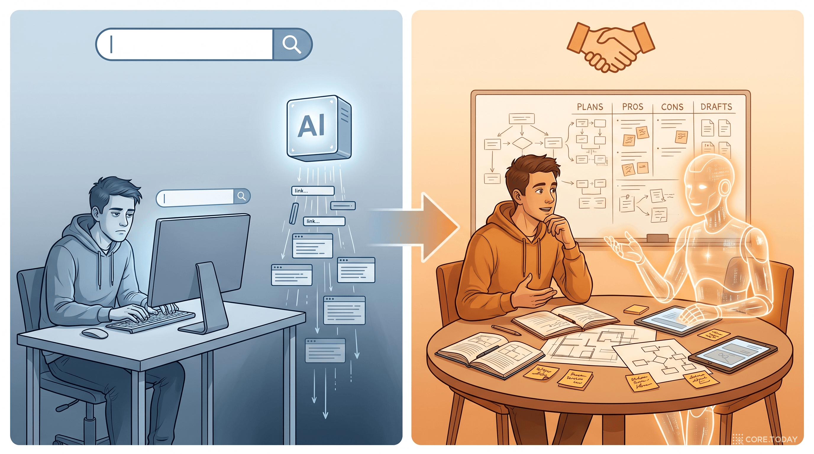 좌측은 검색창에 짧은 질의를 넣고 링크 목록을 받는 무미건조한 장면, 우측은 AI와 원탁에 앉아 사전/뒷면/반대의견을 나누는 협업 장면
