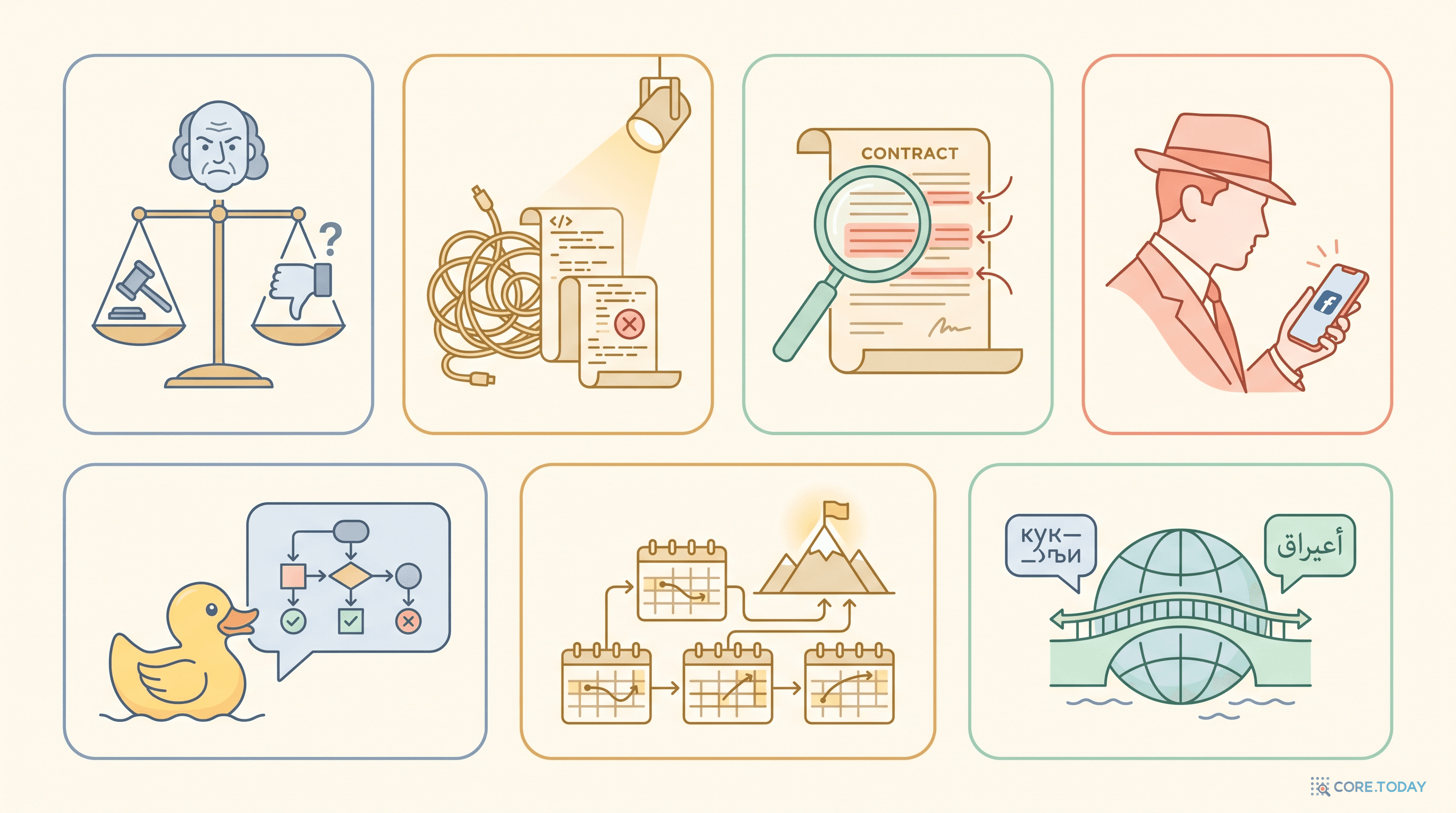 7가지 사용법 픽토그램 그리드 — 비평가·오류 해독기·계약 분석·역사적 페르소나·러버덕·학습 로드맵·문화 브리지