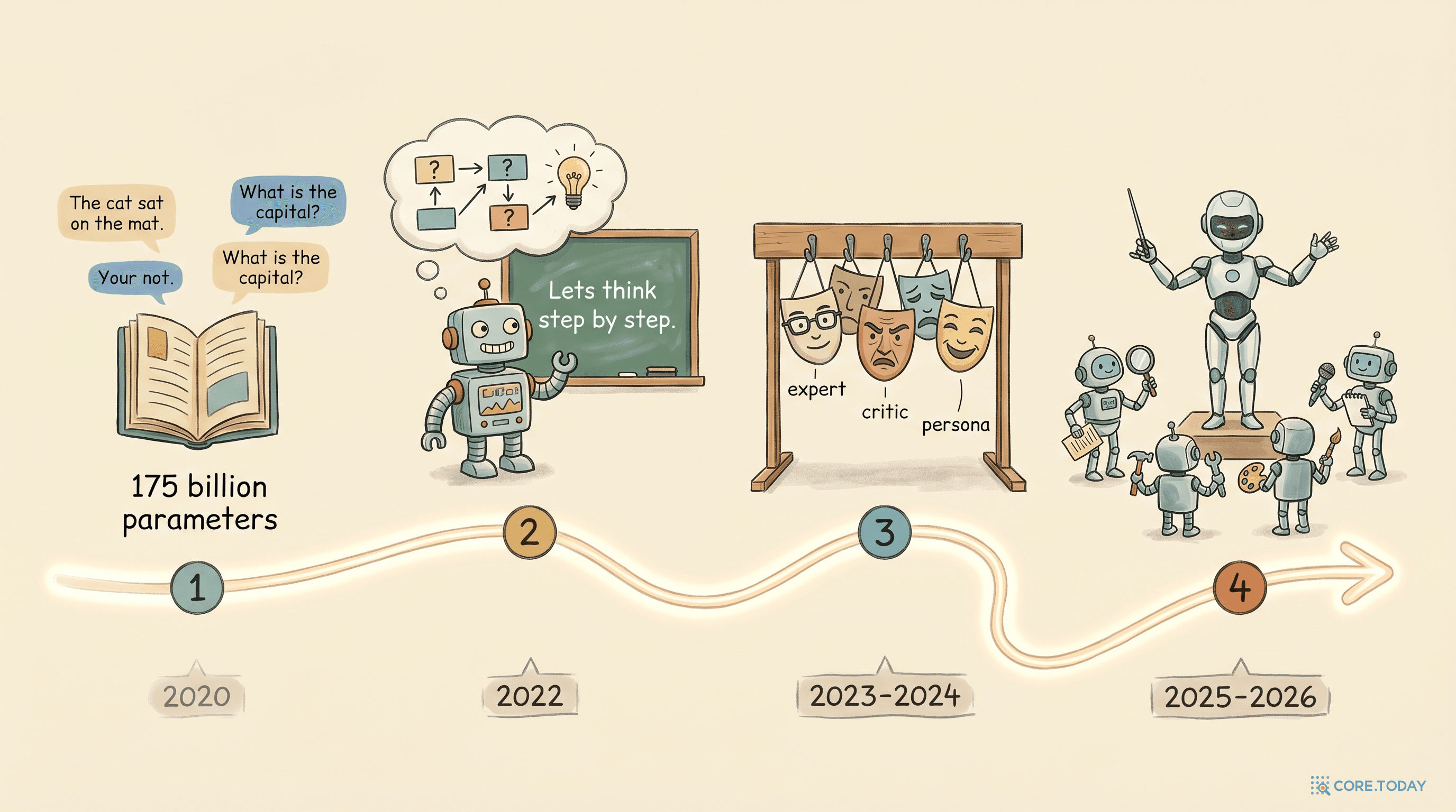 GPT-3 2020 → CoT 2022 → 페르소나 2023-2024 → ReAct와 에이전트 2025-2026 프롬프트 엔지니어링 역사 타임라인