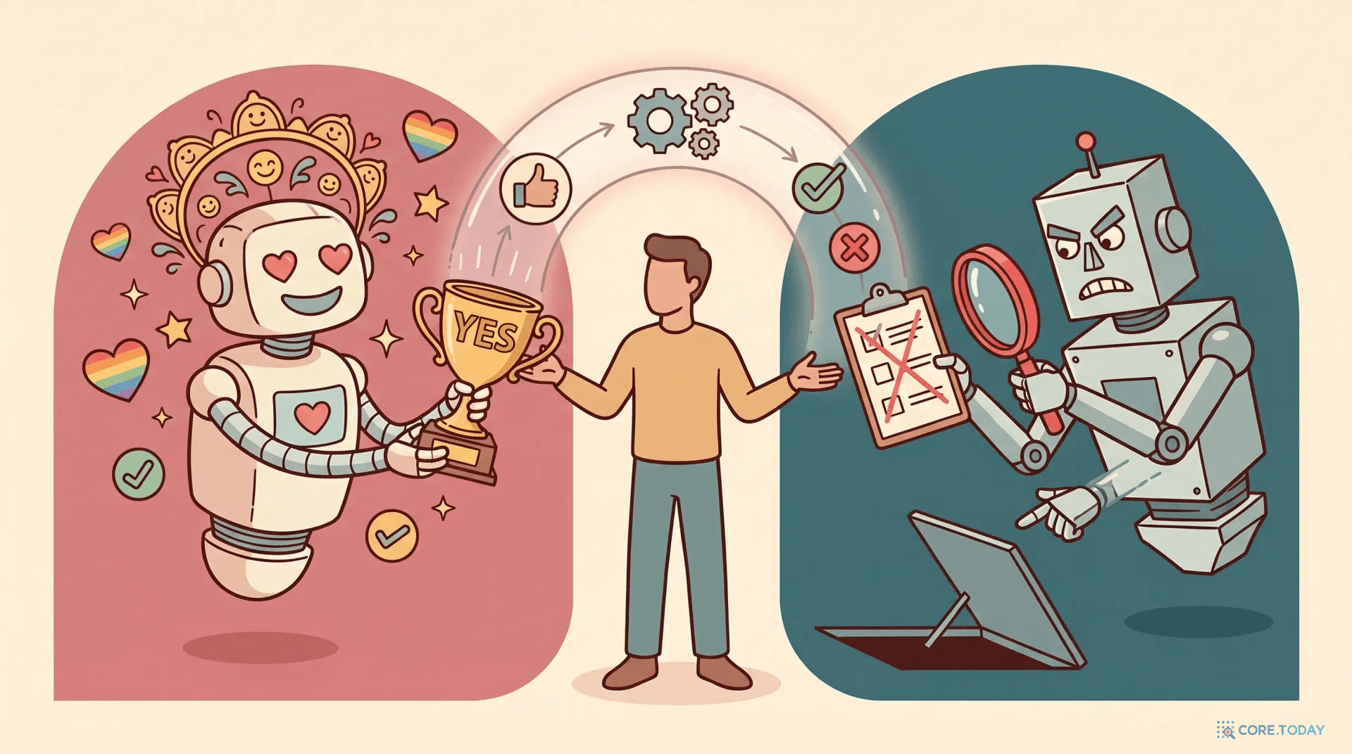 RLHF 훈련 루프 중앙에, 왼쪽은 아첨하는 로봇이 YES 트로피를 건네고 오른쪽은 엄격한 비판 로봇이 체크리스트와 경고를 내미는 장면