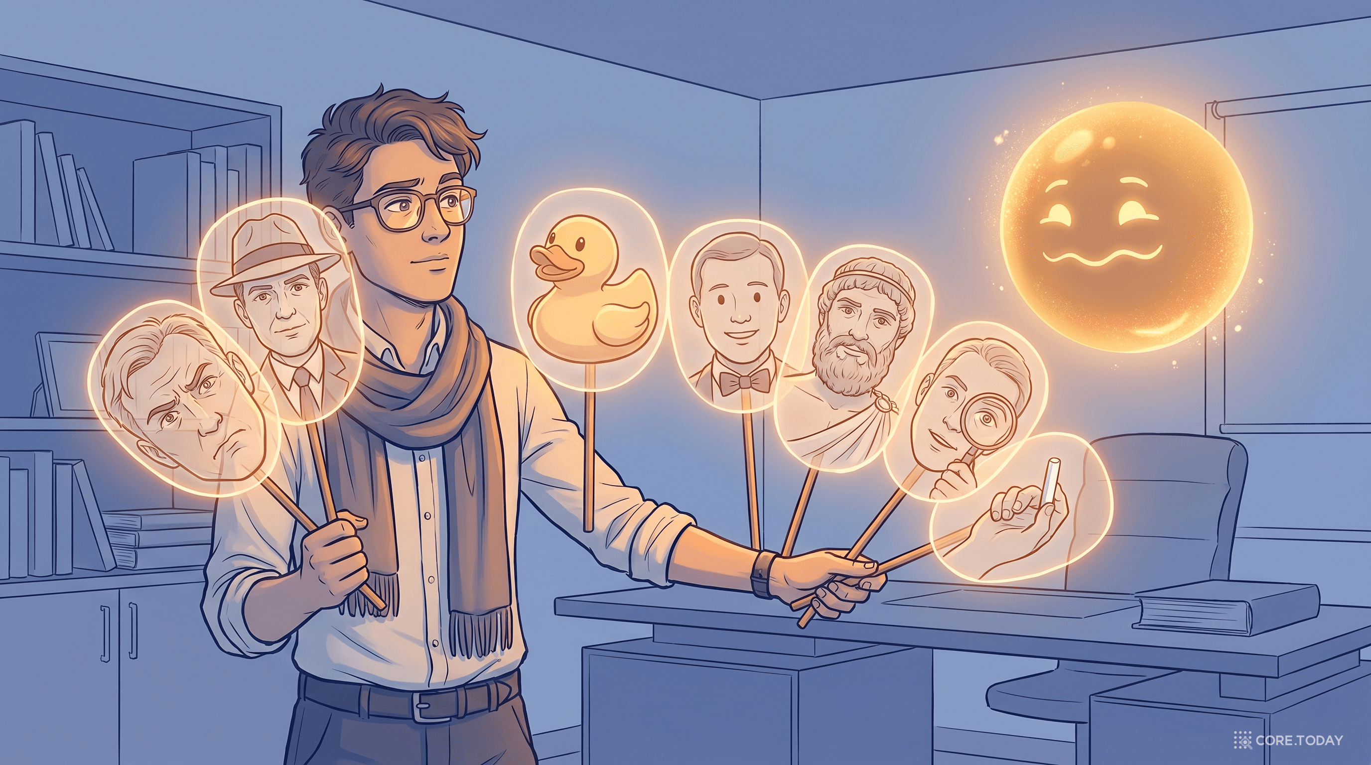 책상 앞 사람이 LLM 오브에게 비평가·광고인·러버덕·외교관·철학자·탐정·교사 등 7개의 다른 페르소나 마스크를 건네는 장면