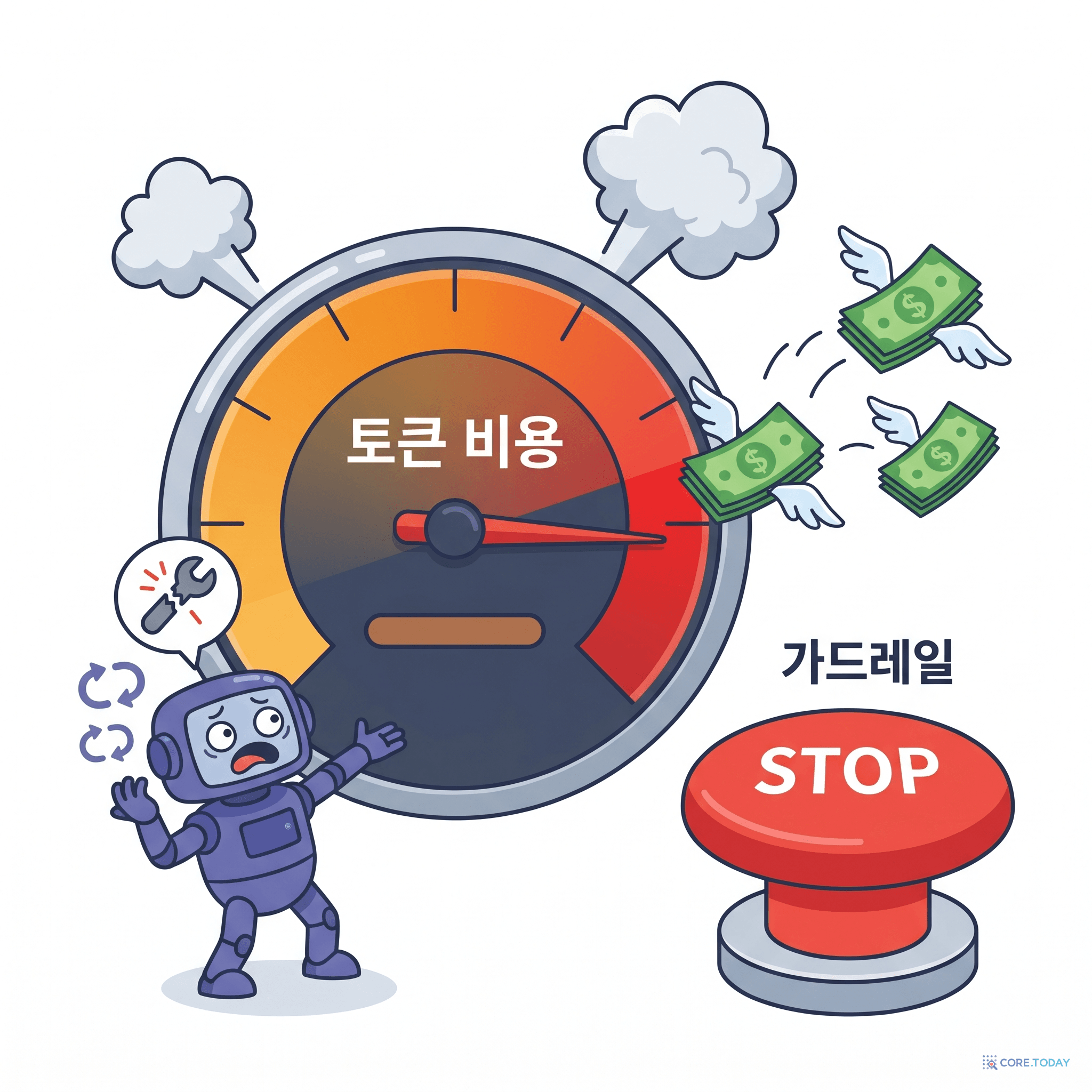 토큰 비용 게이지가 레드존에 박히고, 가드레일 STOP 버튼이 옆에 있다