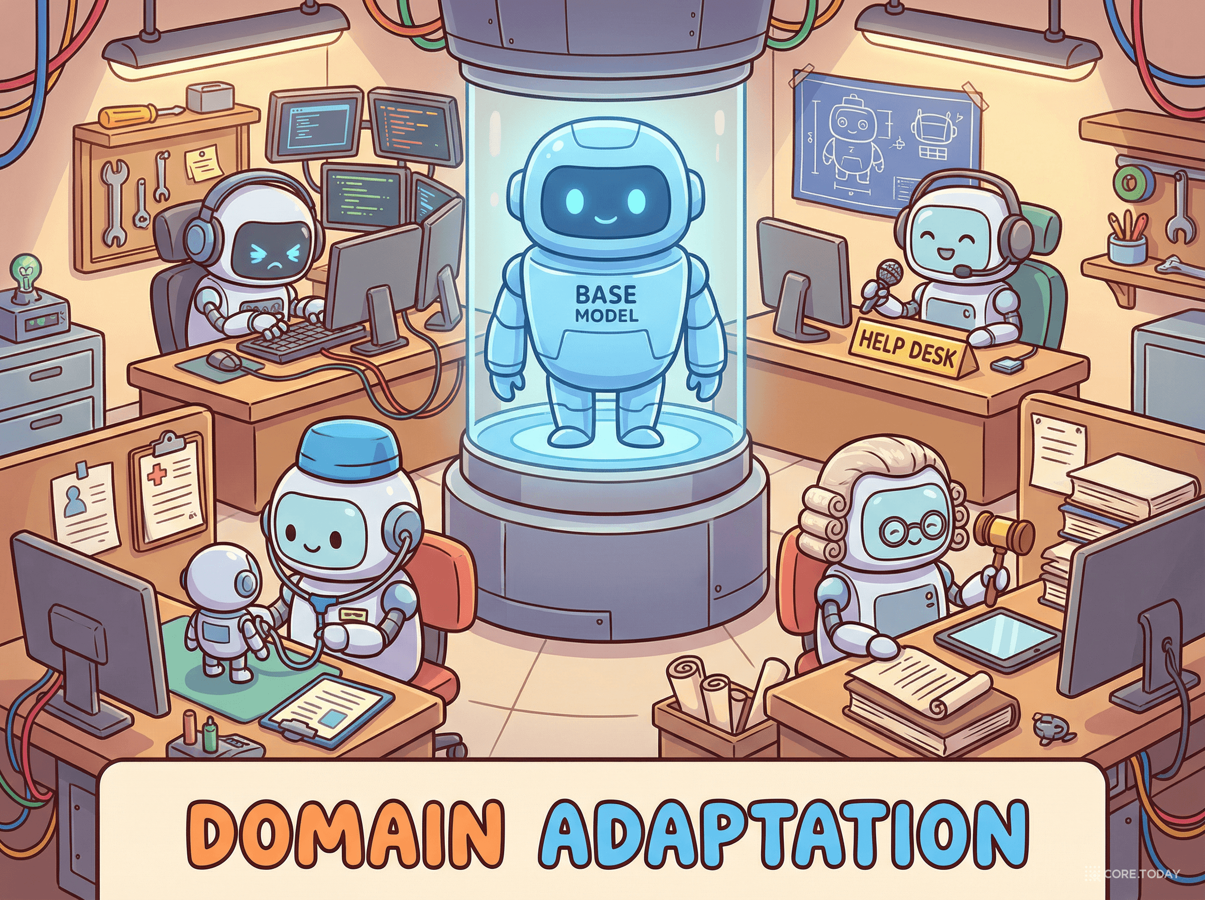 다양한 도메인에 동일 모델을 LoRA로 적응시키는 모습