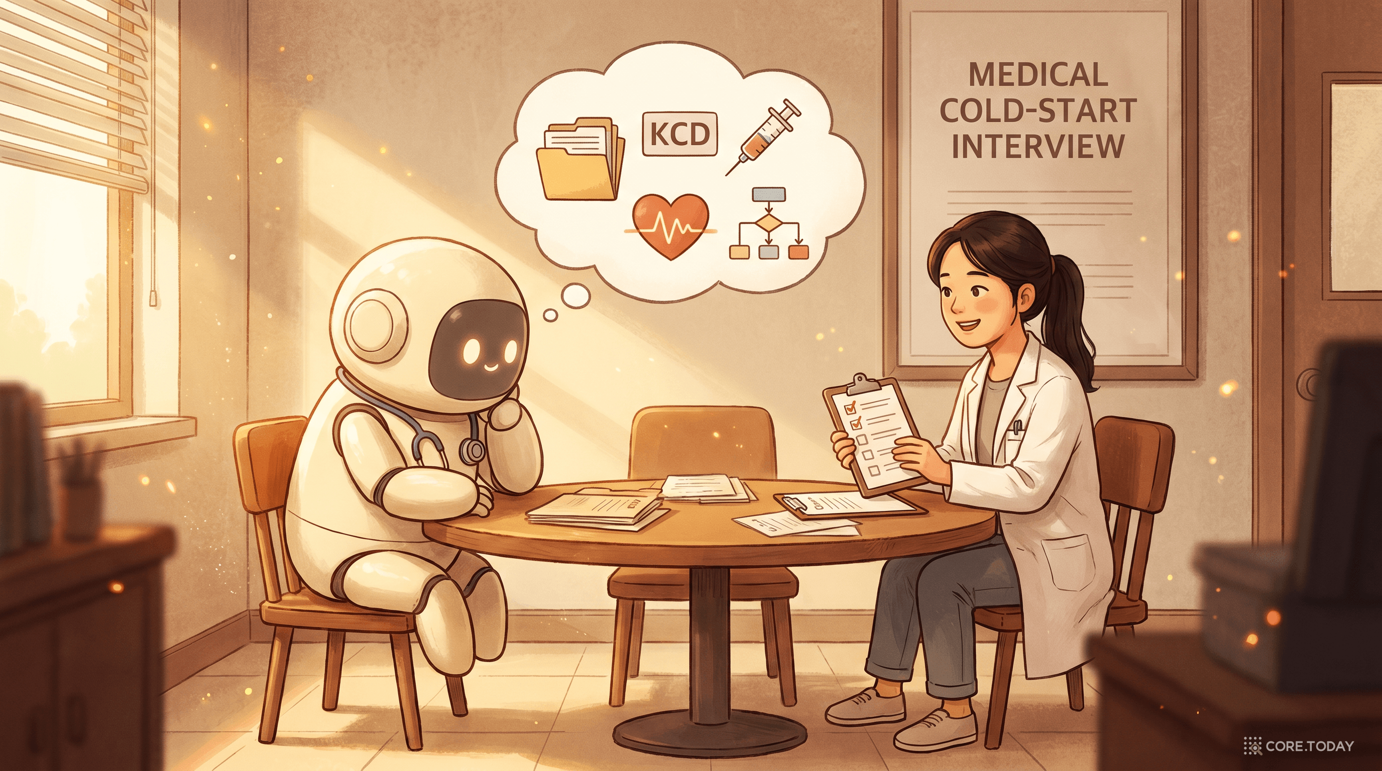 Medical Cold-Start Interview 메인 일러스트 — 따뜻한 병원 회의실에서 친근한 AI 로봇이 한국 여의사와 마주 앉아 임상 프로토콜 체크리스트를 보며 진료 정보를 흡수하는 장면