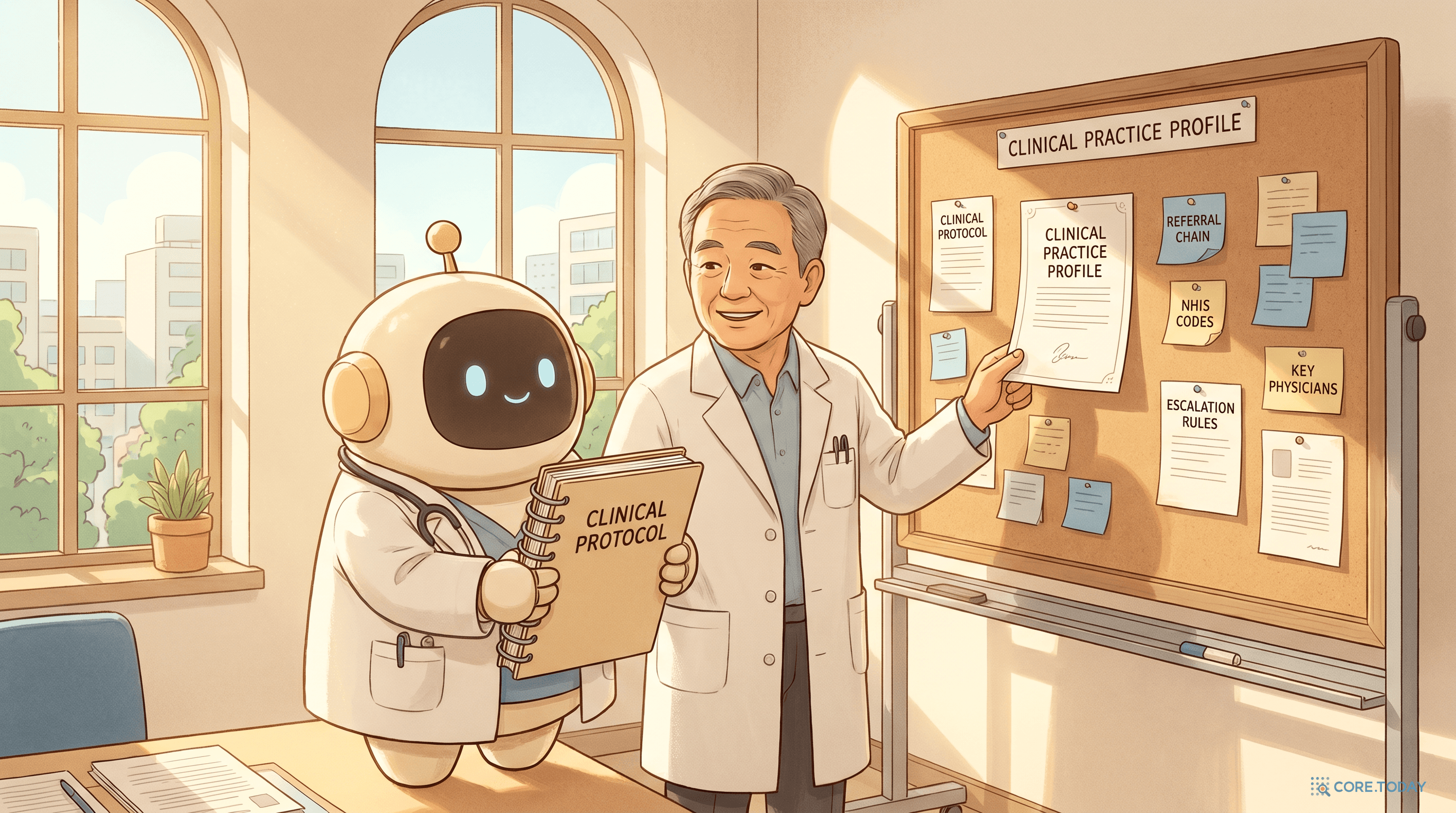 Korean hospital onboarding 일러스트 — 한국 병원에 출근한 첫날 AI 로봇이 멘토 의사와 함께 CLINICAL PROTOCOL·NHIS CODES·ESCALATION RULES를 흡수하는 장면