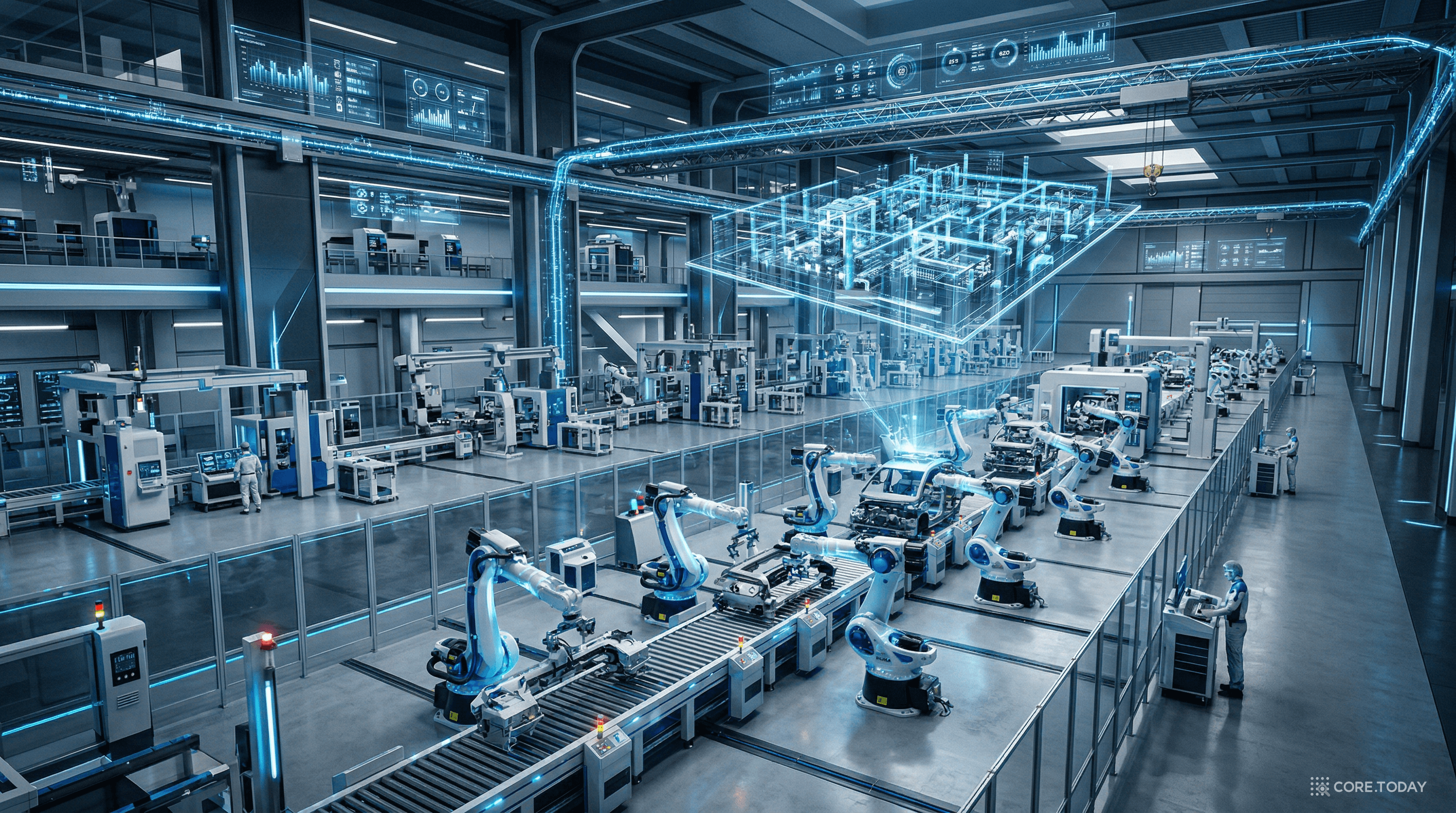 미래의 스마트 팩토리 — 로봇 팔, 홀로그램 대시보드, 데이터 스트림이 하나로 연결된 자율 공장