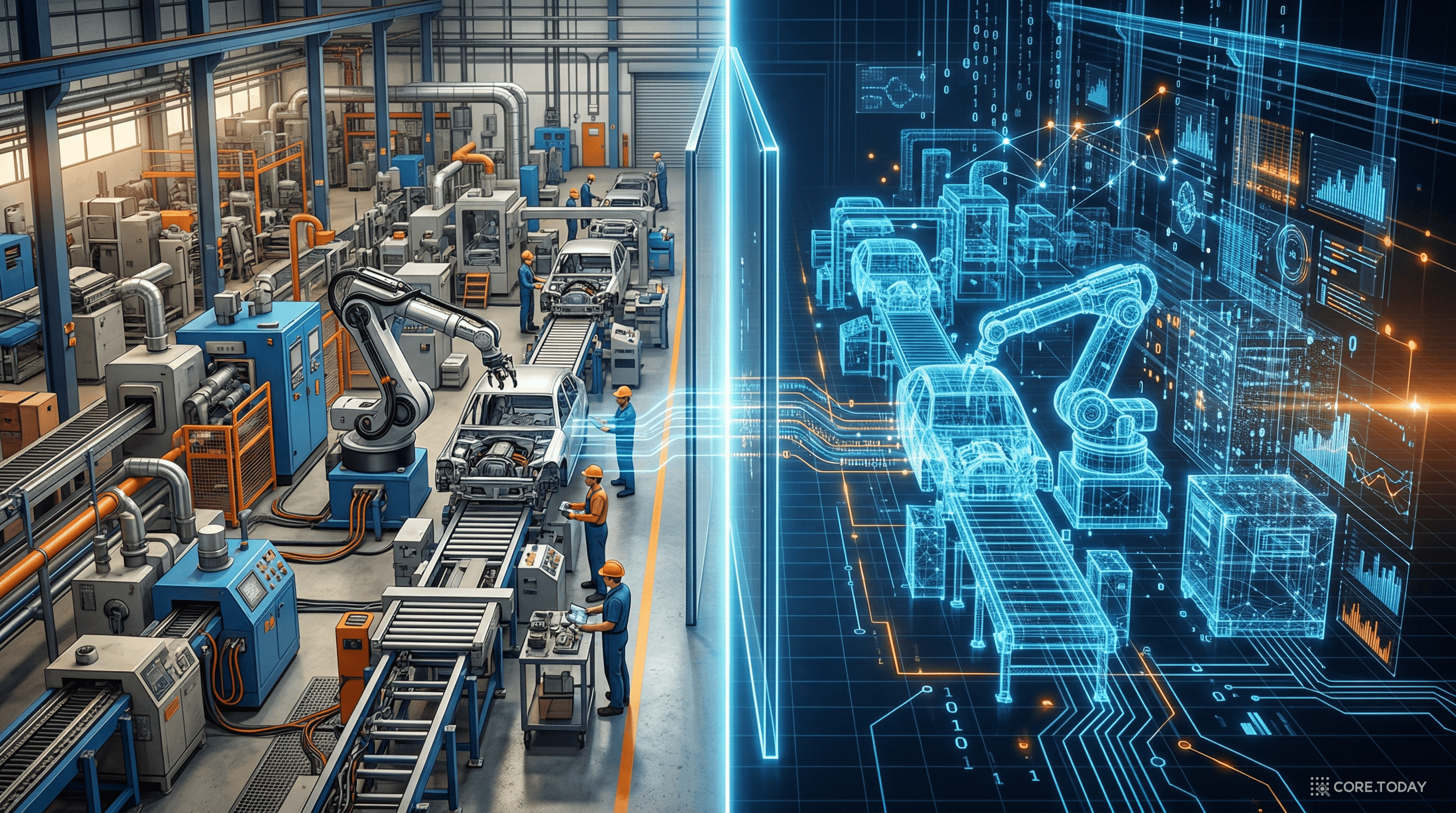 디지털 트윈 — 실제 공장(왼쪽)과 홀로그램으로 복제된 가상 공장(오른쪽)이 실시간으로 동기화된다