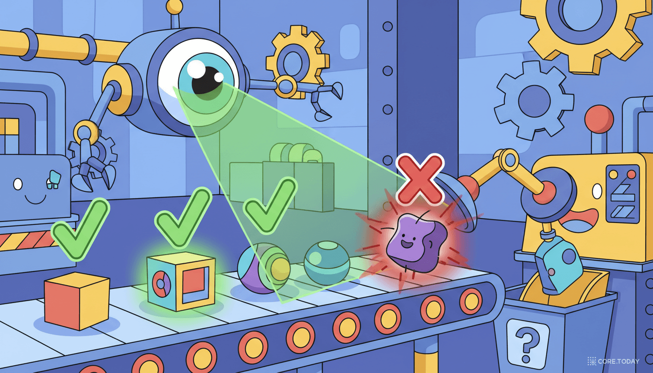 AI 비전 검사 — 컨베이어 벨트 위 제품을 로봇 눈이 레이저로 스캔하여 불량을 즉시 걸러낸다