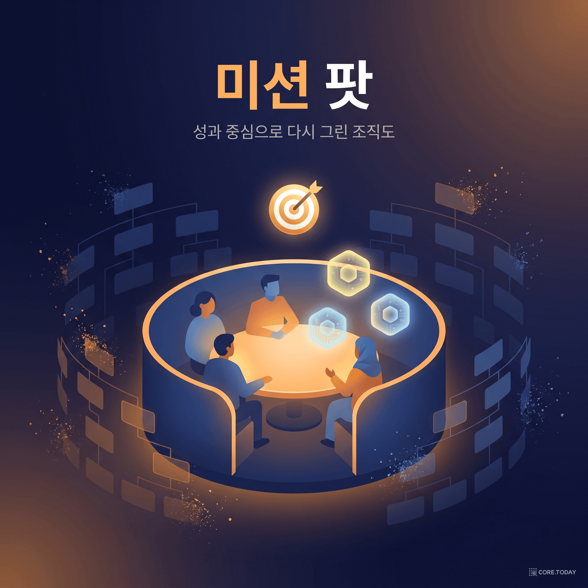 미션 팟 — 성과 중심으로 다시 그린 조직도. 사람과 에이전트가 하나의 목표를 둘러싸고 앉는다