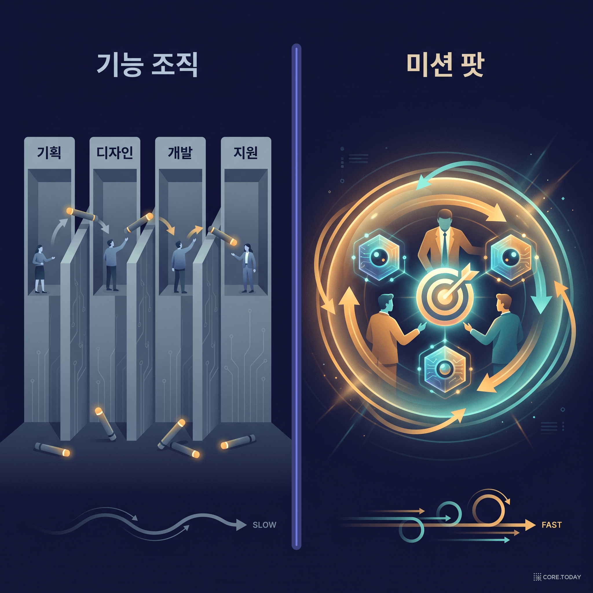 기능 조직의 릴레이 vs 미션 팟의 순환