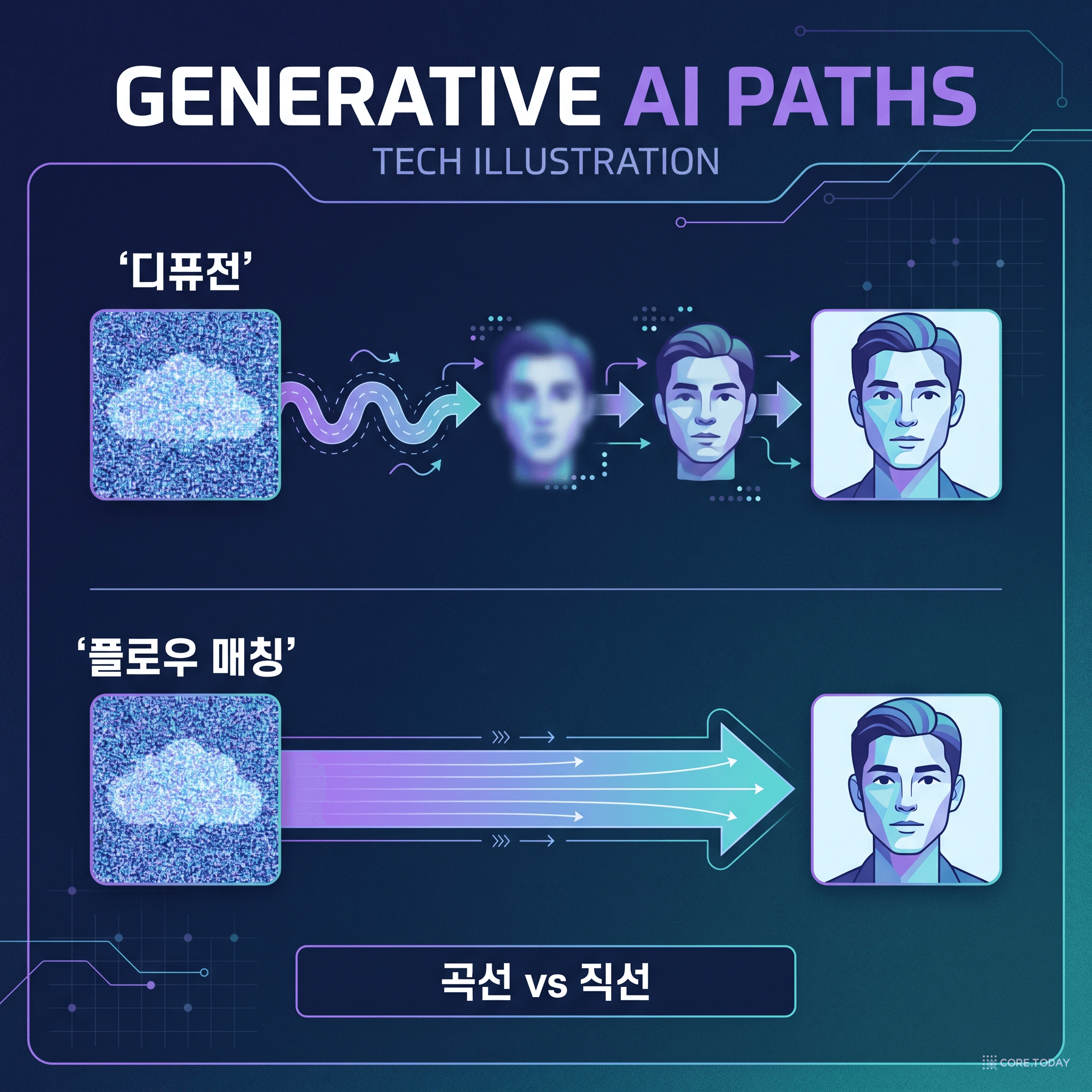 디퓨전 대 Flow Matching — 구불구불한 여러 단계 vs 매끄러운 직선 경로