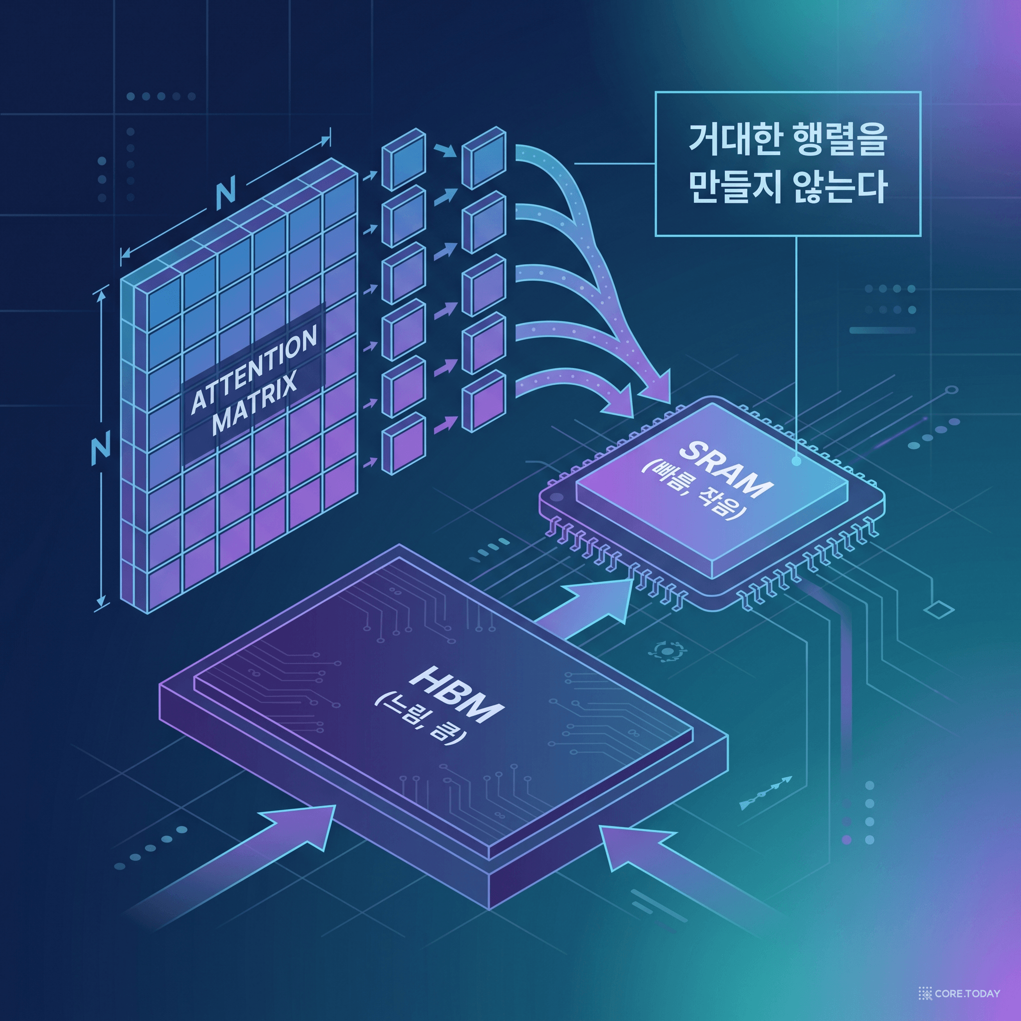 FlashAttention 구조 — 거대한 행렬을 만들지 않고 작은 타일로 쪼개 SRAM에서 처리