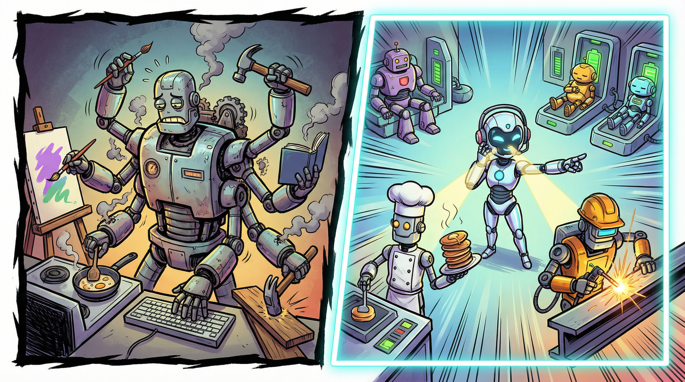 왼쪽: 혼자 모든 일을 하는 지친 만능 로봇(Dense) / 오른쪽: 코디네이터가 전문가 팀을 지휘하는 효율적 시스템(MoE)