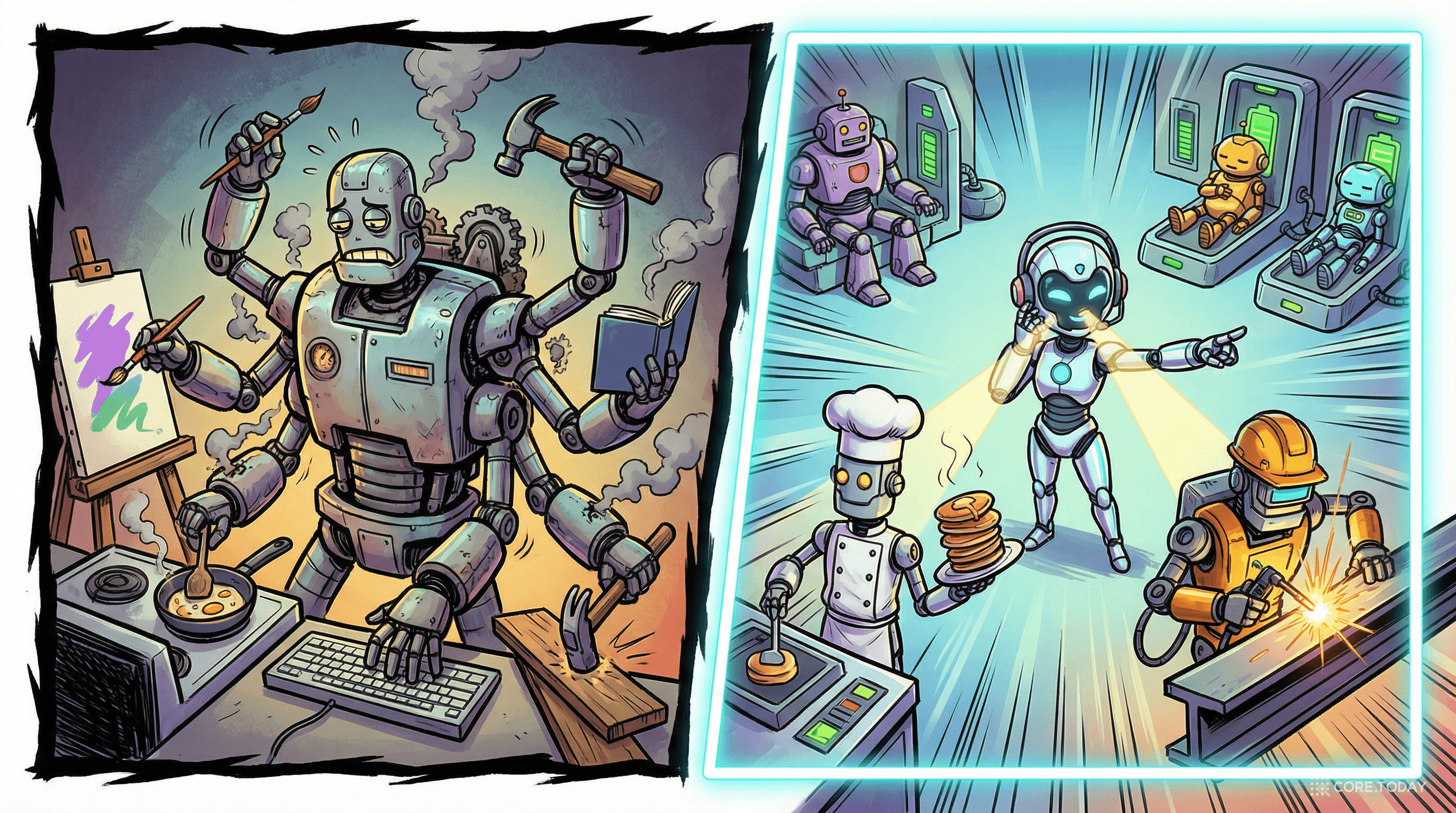 왼쪽: 혼자 모든 일을 하는 지친 만능 로봇(Dense) / 오른쪽: 코디네이터가 전문가 팀을 지휘하는 효율적 시스템(MoE)