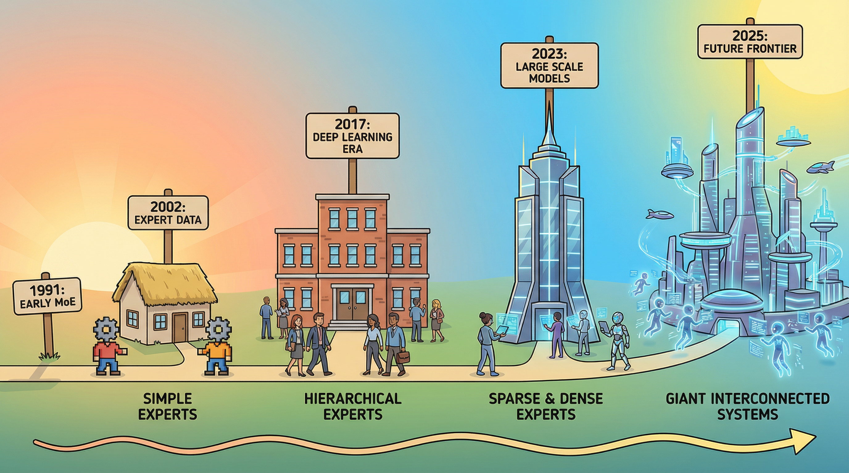 MoE 진화의 타임라인: 1991년 작은 집 → 2017년 건물 → 2023년 마천루 → 2025년 미래 도시