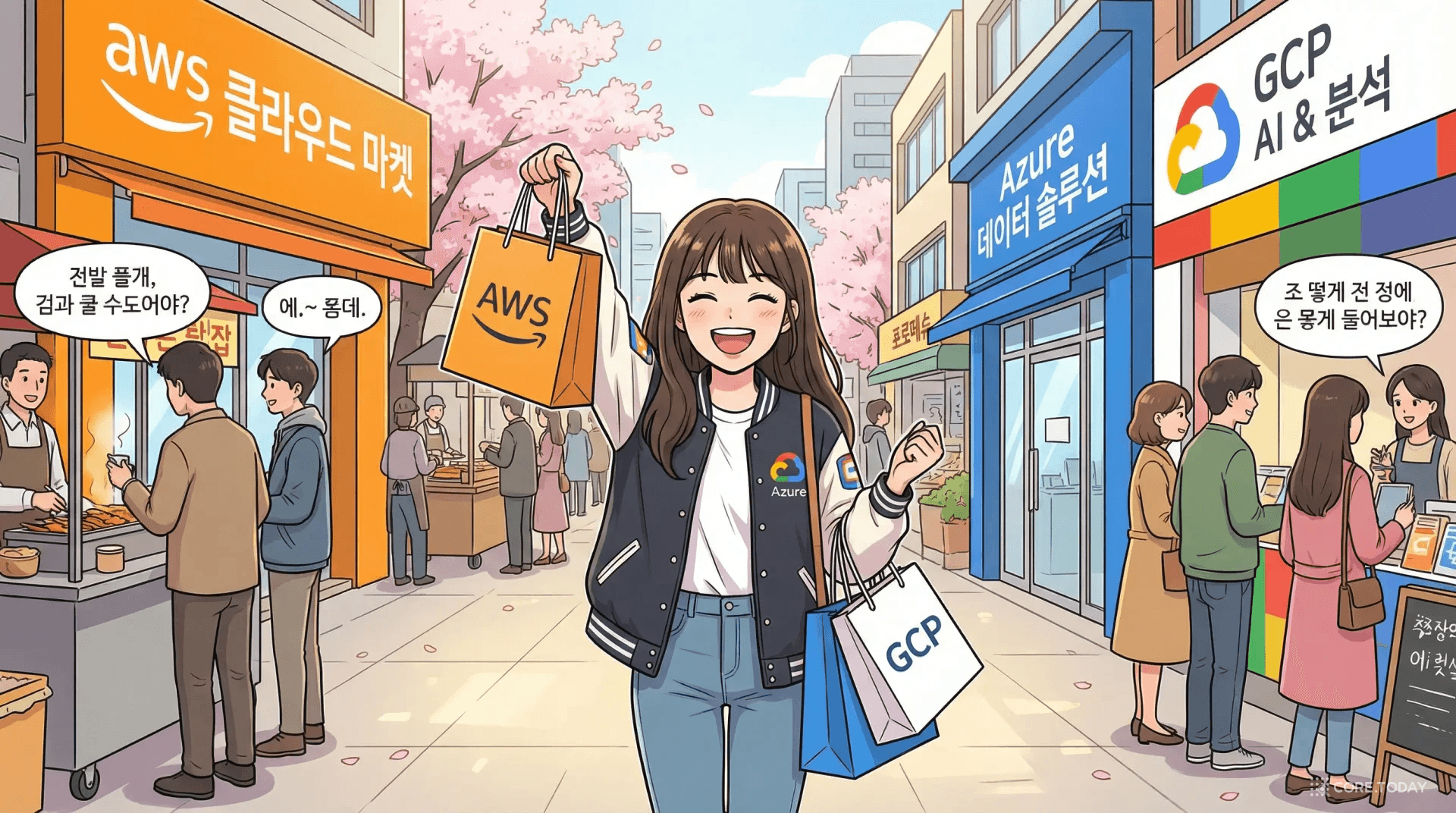 AWS, Azure, GCP 전문 매장을 돌아다니며 최고의 서비스를 골라 담는 모습