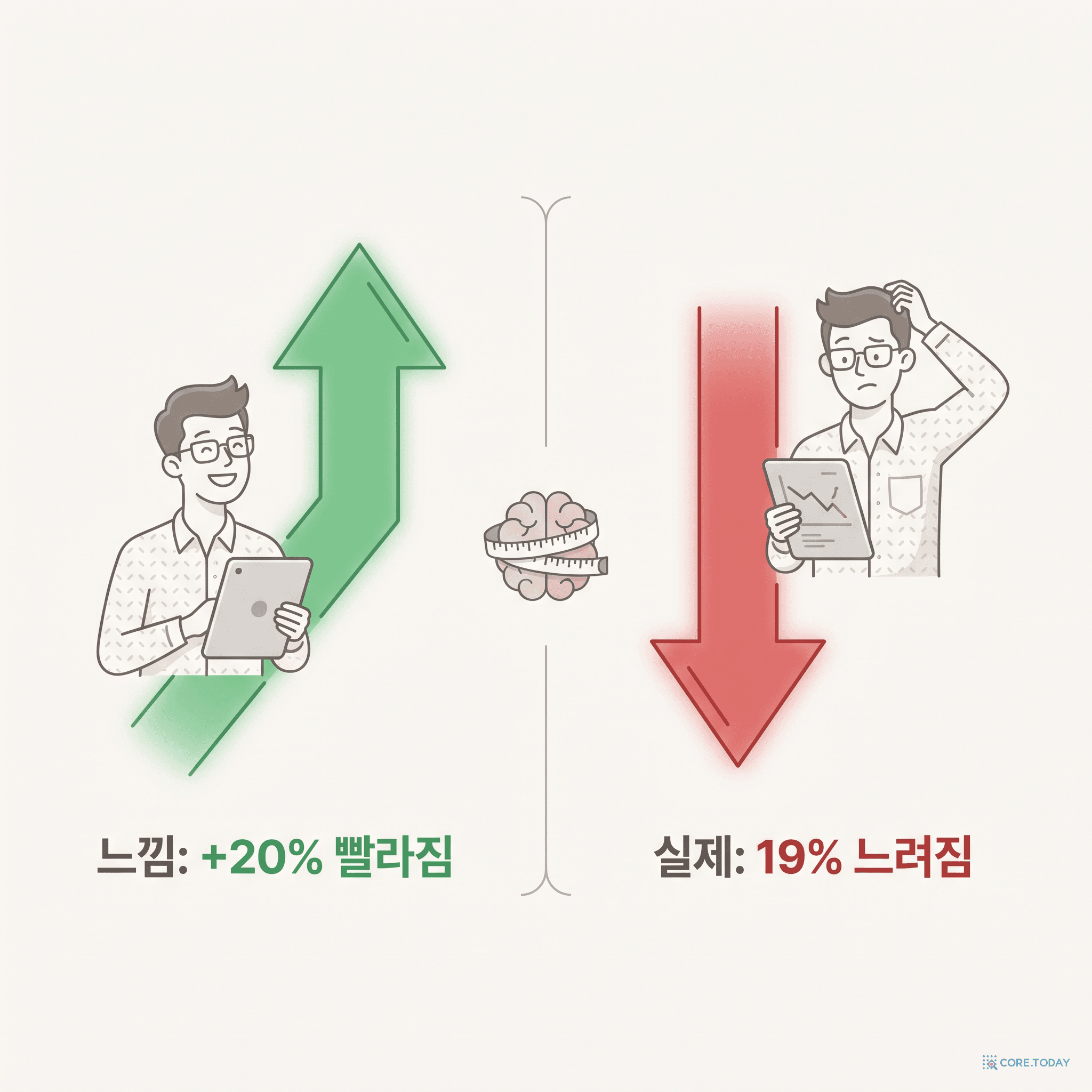 느낌과 현실의 39%p 간극 — AI는 빠르다고 느껴졌지만 실제로는 느려졌다