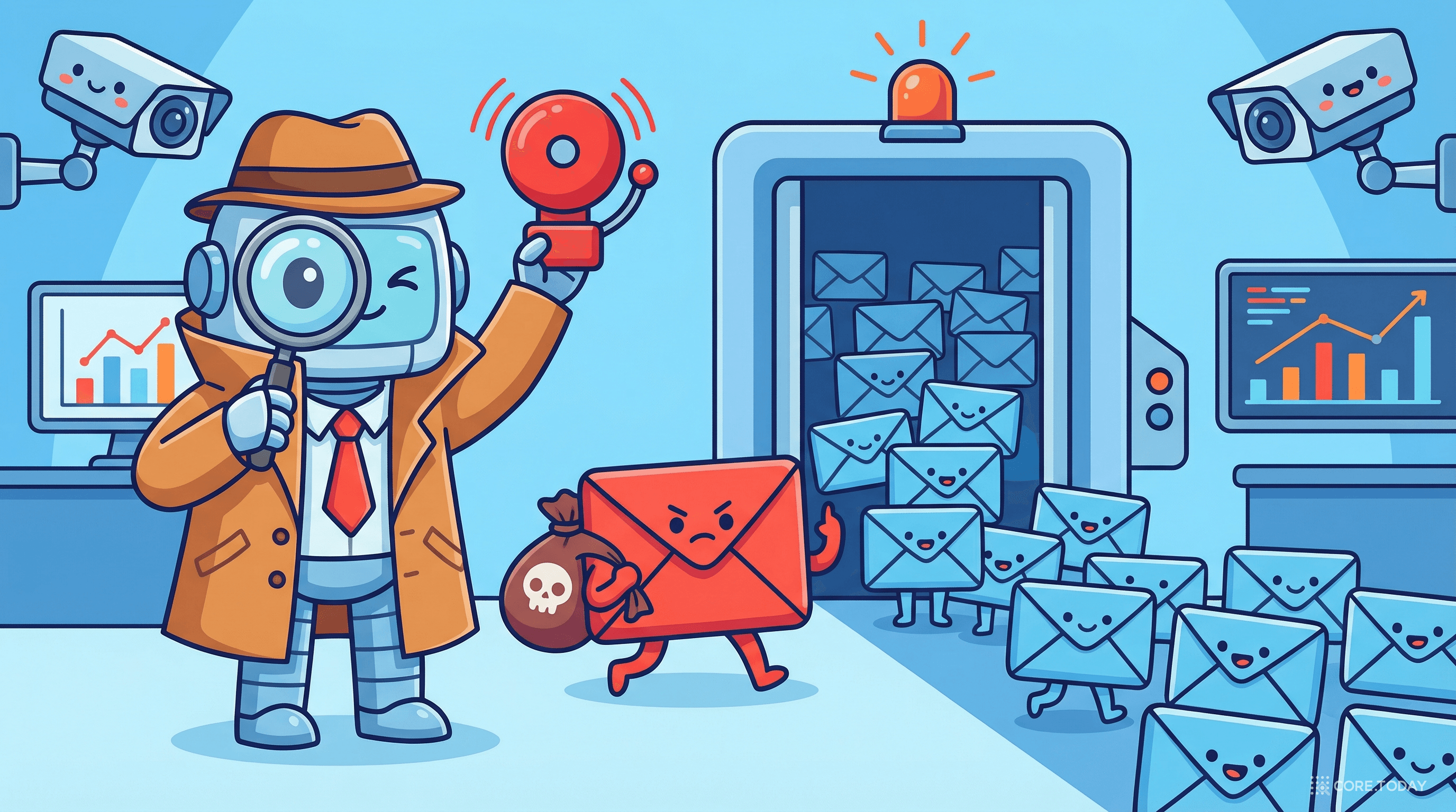 보안 감시 — 탐정 로봇이 나가는 패킷들 사이에서 데이터를 몰래 빼돌리는 수상한 빨간 패킷을 발견하고 경보를 울린다