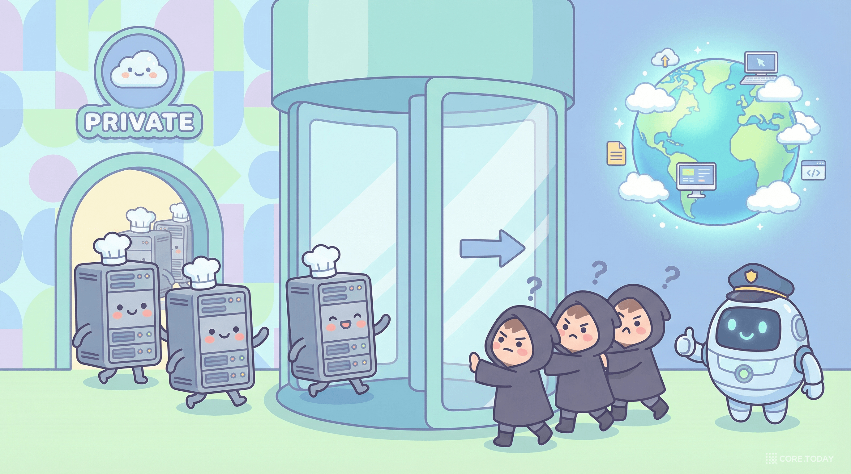 NAT Gateway 우편 비유 — 프라이빗 서브넷의 서버들이 회전문(NAT)을 통해 인터넷으로 나가지만, 수상한 외부인은 들어올 수 없다