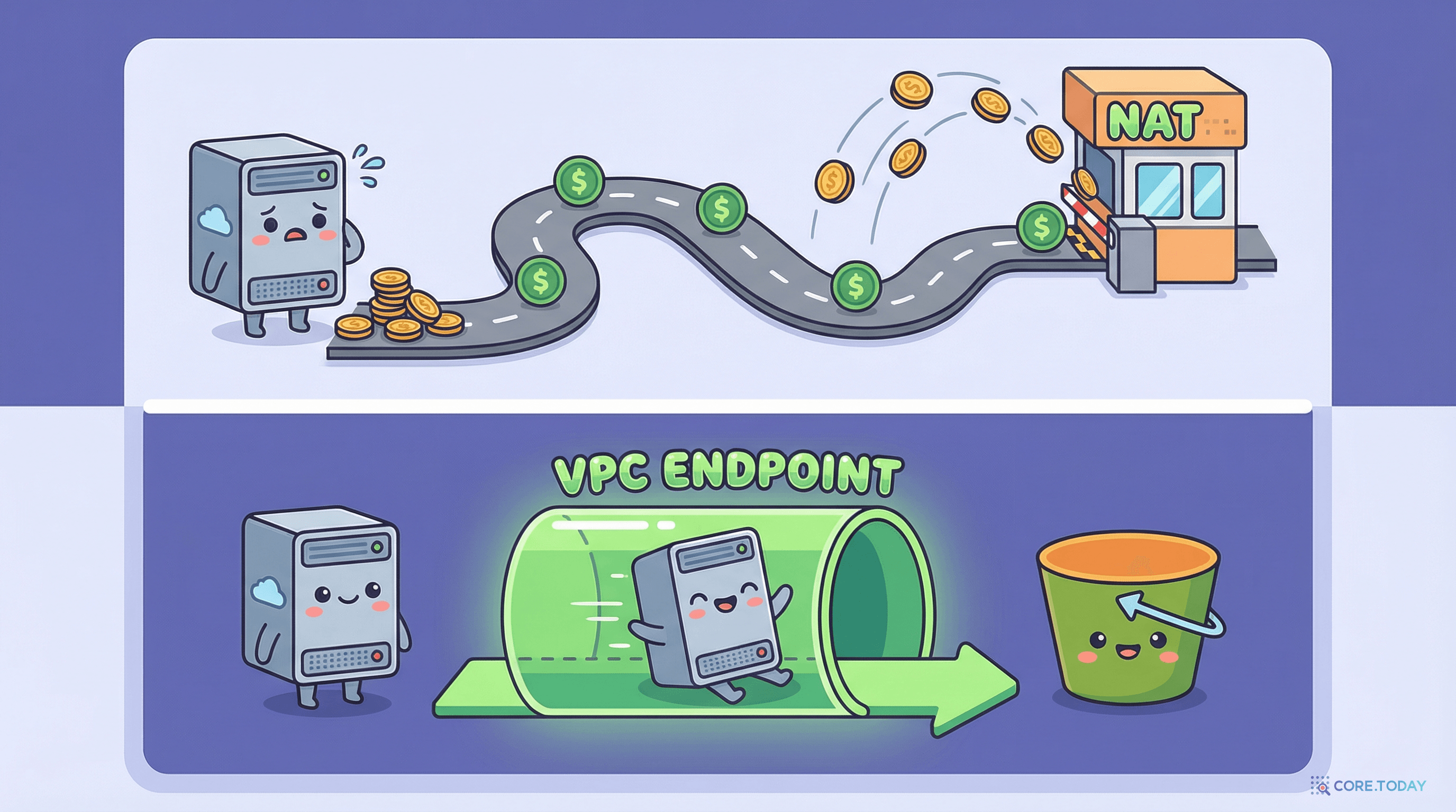 VPC Endpoint 비용 절감 — 비싼 유료 도로(NAT)를 거치지 않고, 무료 터널(VPC Endpoint)로 S3에 직접 연결하는 서버 캐릭터