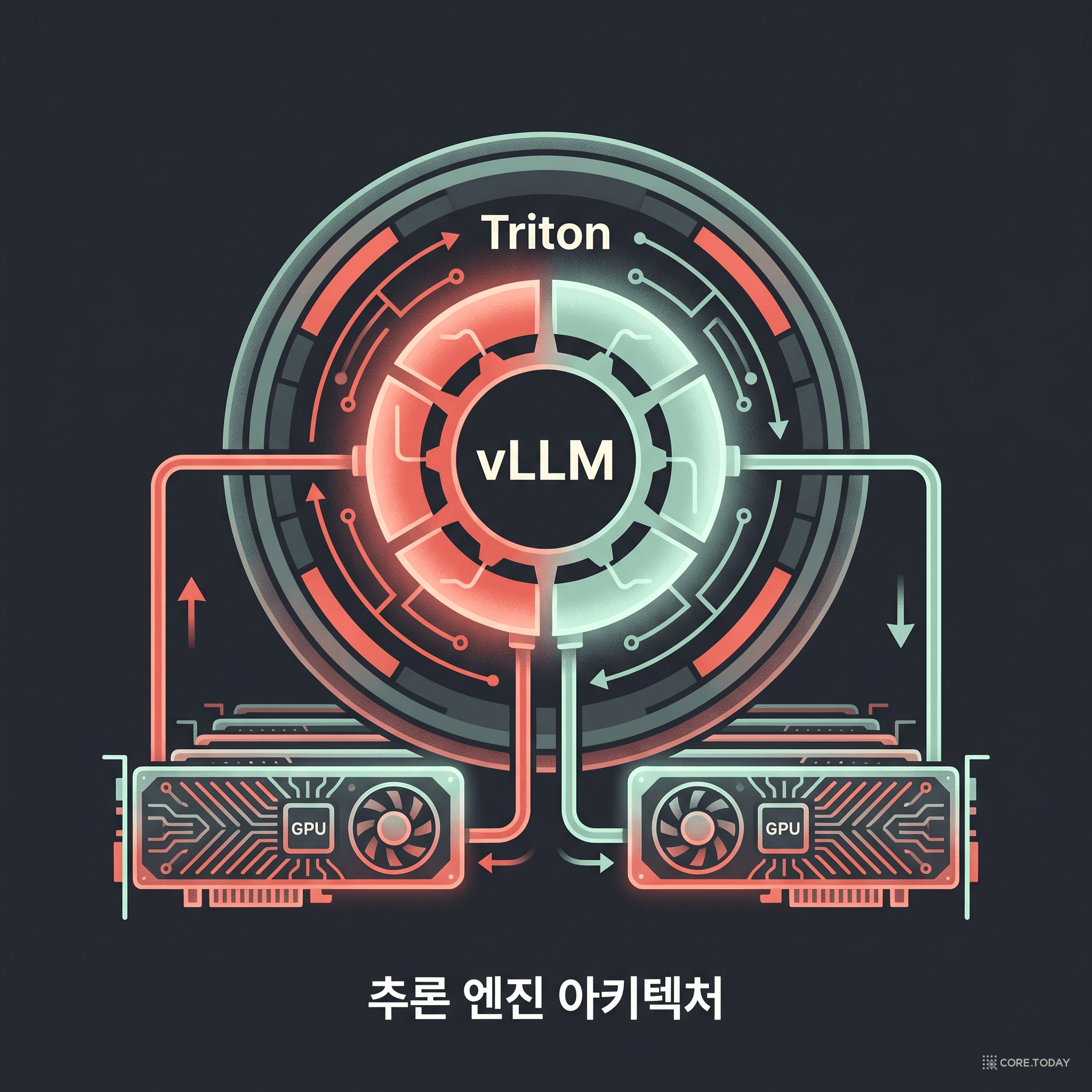 vLLM 코어가 Triton 제어 셸 안에 들어앉아 GPU 카드 위에서 돌아가는 아키텍처 청사진 일러스트