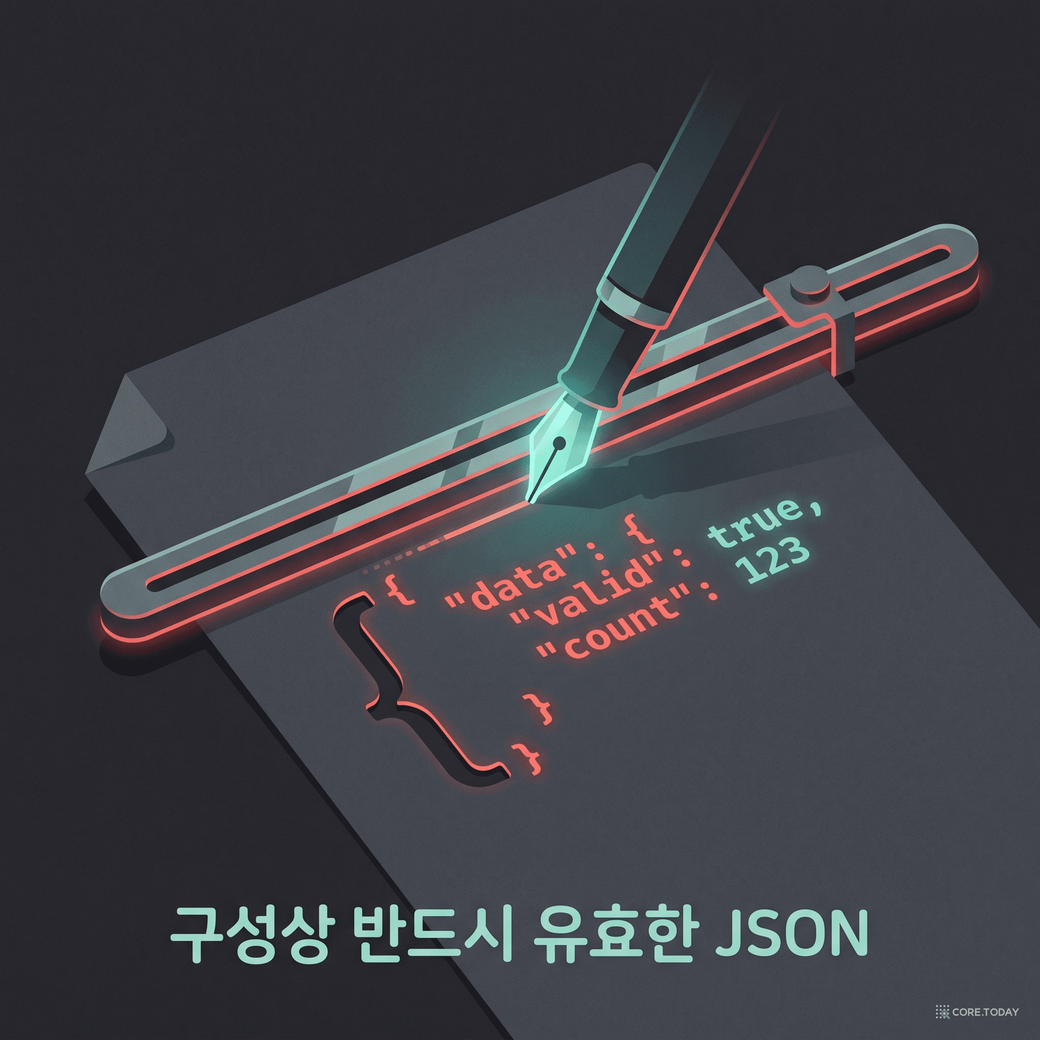 금속 스텐실 가이드에 따라 만년필이 유효한 JSON만 써내려가는, 구성상 올바른 출력을 나타내는 일러스트