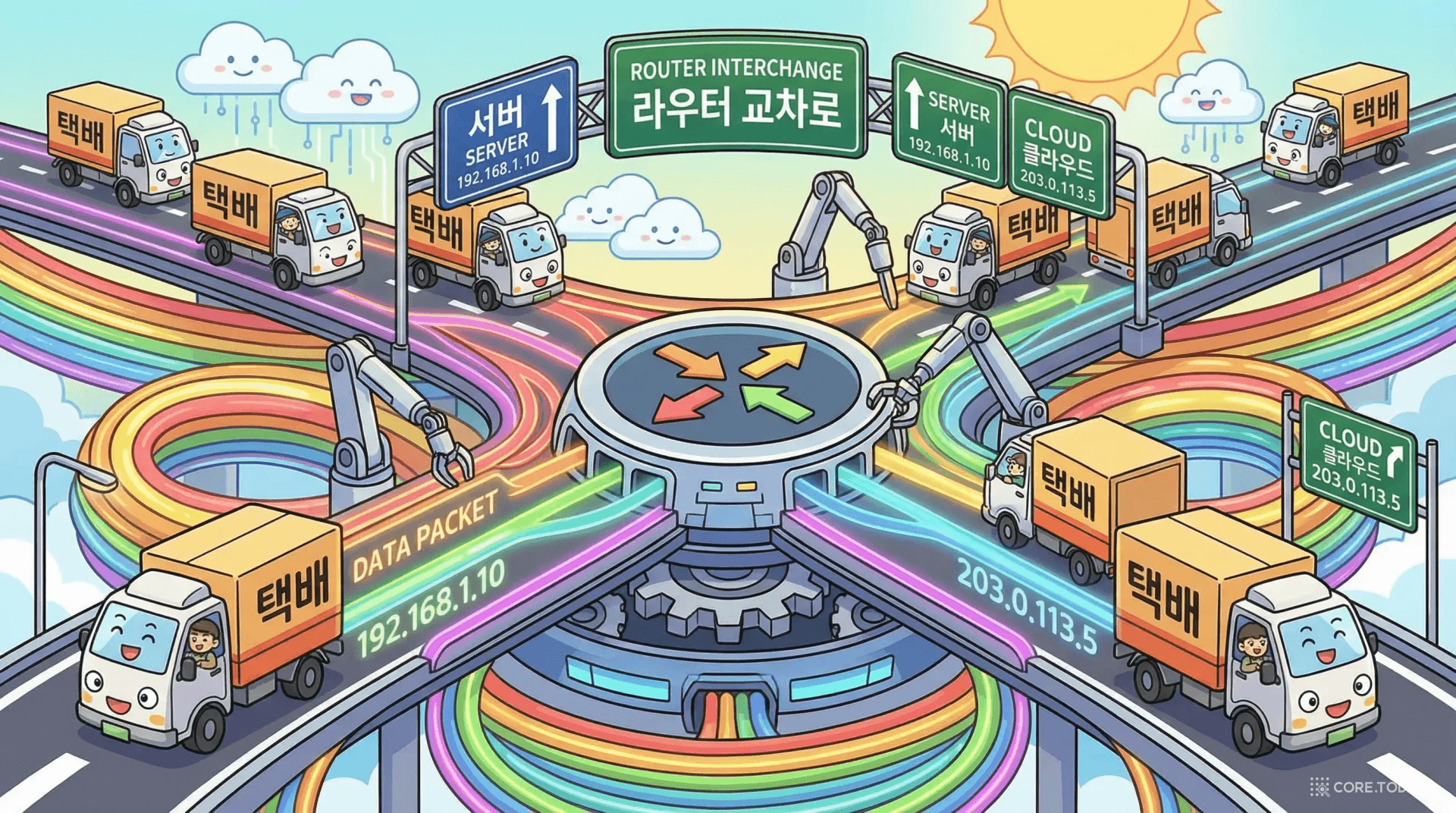 데이터 패킷이 택배 트럭처럼 고속도로를 달리며 라우터 교차로에서 분류되는 모습