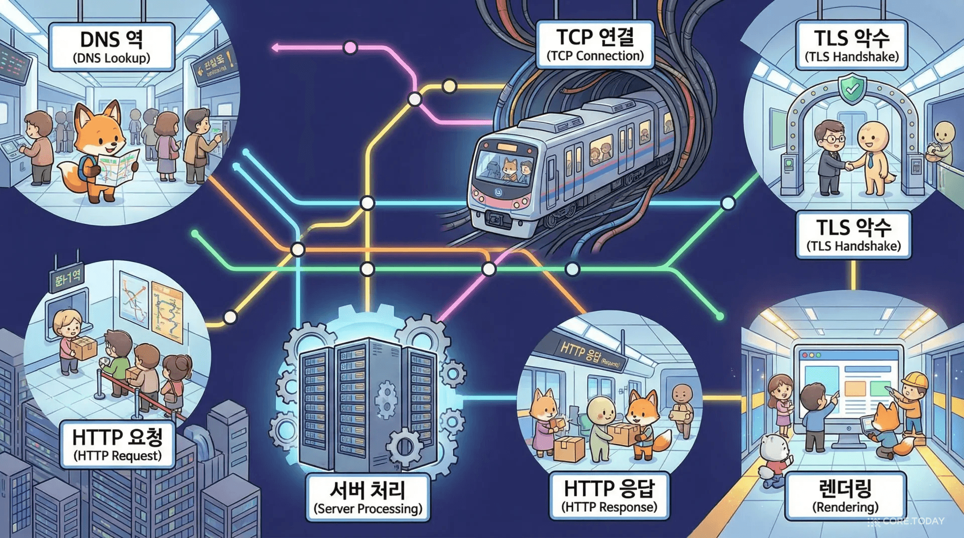 브라우저 요청 여정을 서울 지하철 노선도로 표현한 일러스트 — DNS, TCP, TLS, HTTP 각 단계가 역
