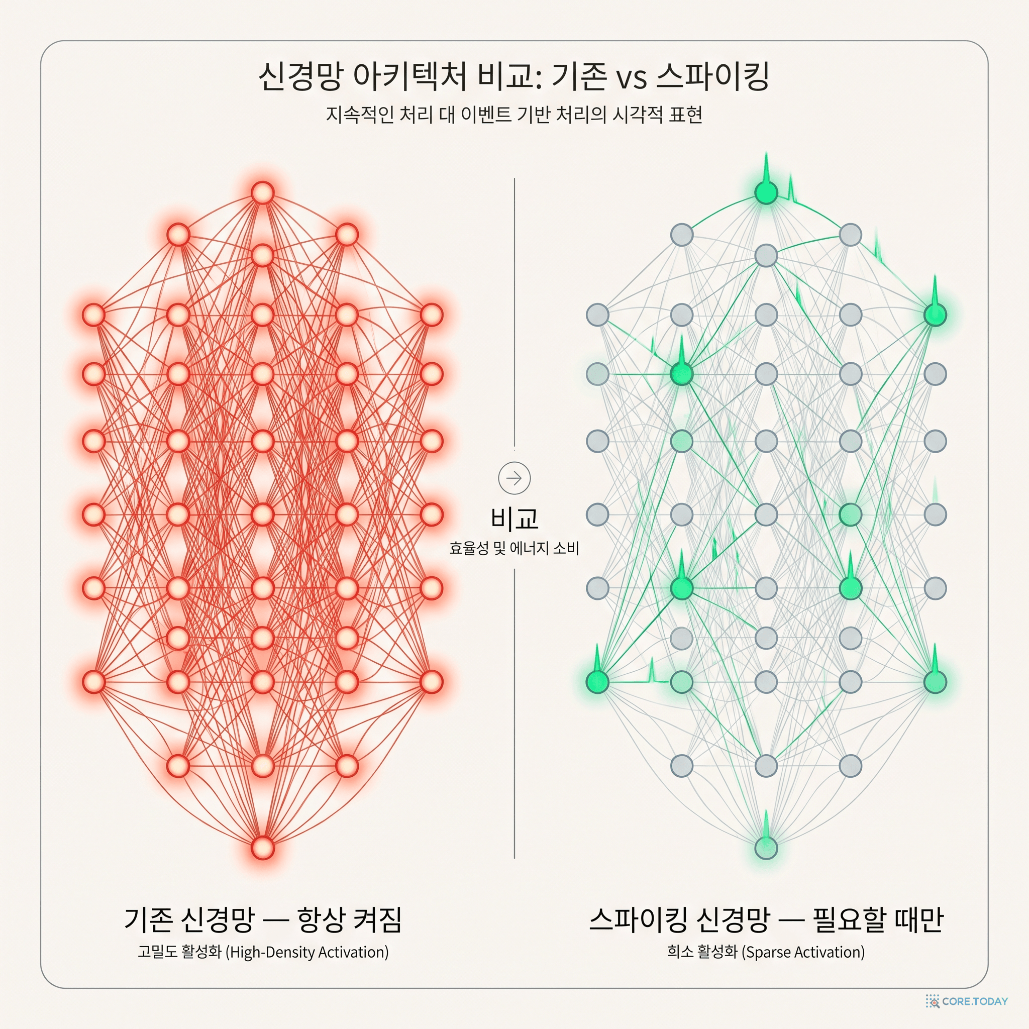 기존 신경망은 모든 뉴런이 항상 켜져 있고, SNN은 필요할 때만 스파이크한다