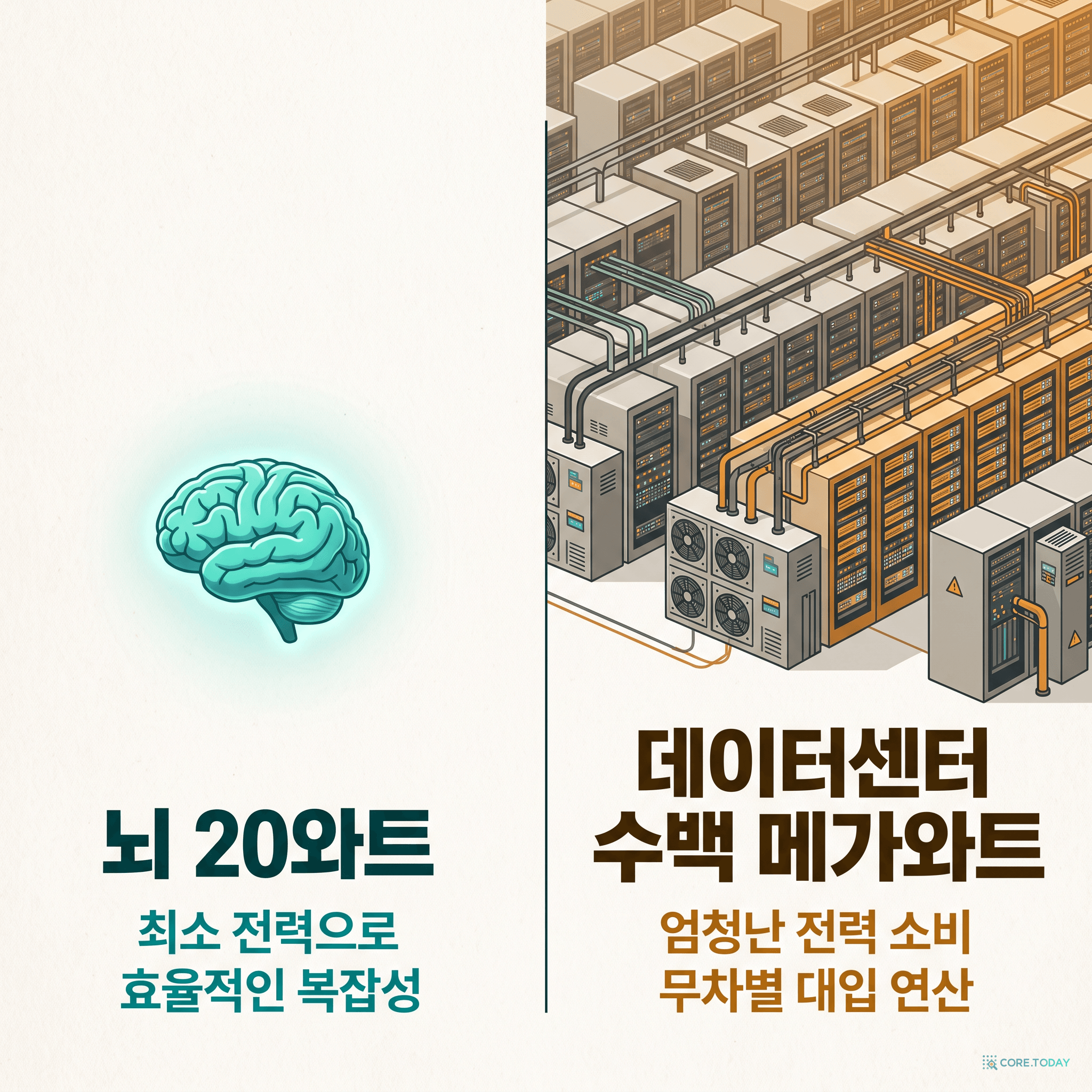 뇌 20와트 대 데이터센터 수백 메가와트 — 효율의 스케일 차이