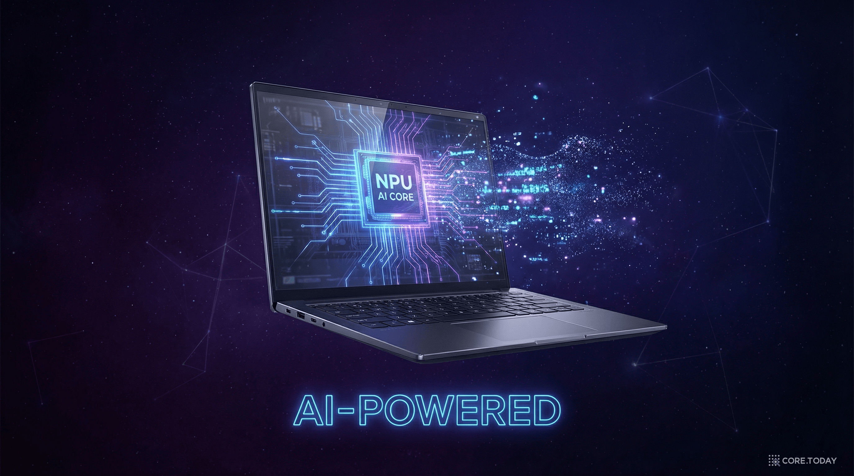 NPU AI 코어가 빛나는 AI 파워드 노트북 — 2026년 AI PC 시대를 상징하는 미래형 일러스트