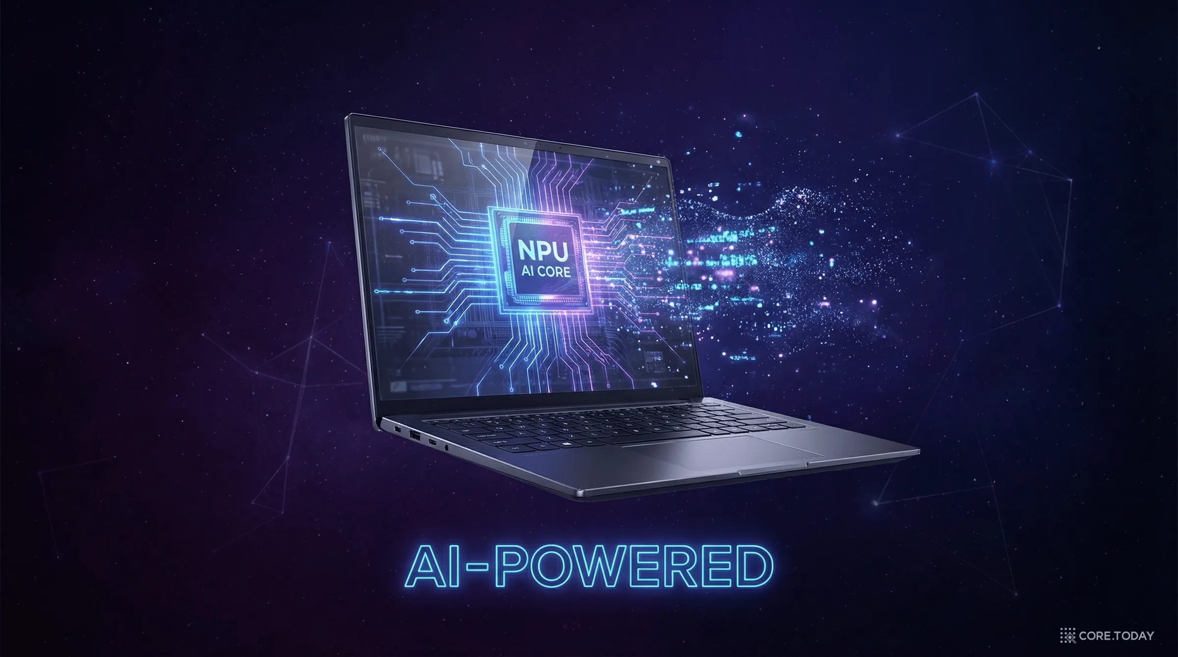 NPU AI 코어가 빛나는 AI 파워드 노트북 — 2026년 AI PC 시대를 상징하는 미래형 일러스트