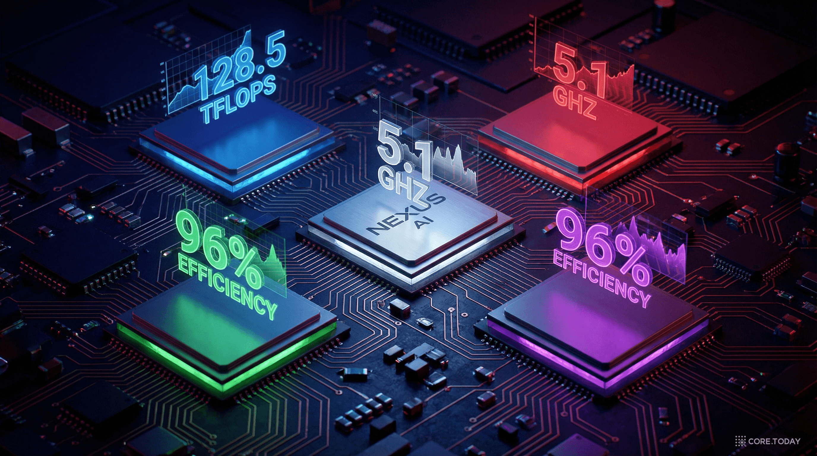 2026년 AI 칩 경쟁 — 각기 다른 색상으로 빛나는 NPU 프로세서들이 회로 기판 위에서 성능을 뽐내고 있다