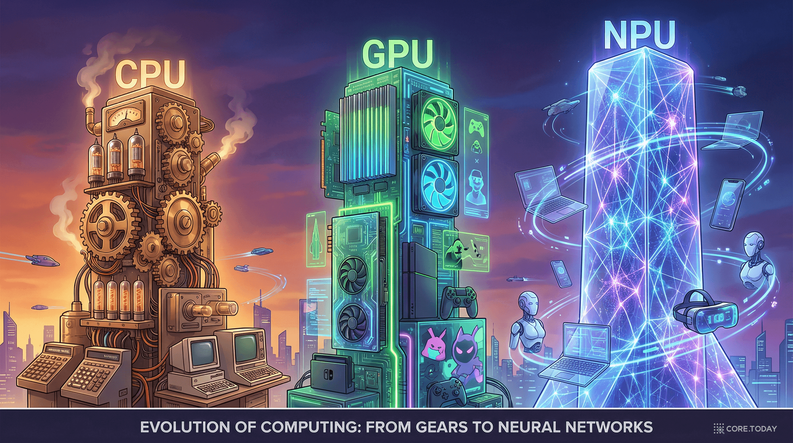 컴퓨팅 진화의 세 기둥 — 톱니바퀴의 CPU, 그래픽카드의 GPU, 뉴럴 네트워크의 NPU가 과거에서 미래로 이어지는 파노라마 일러스트