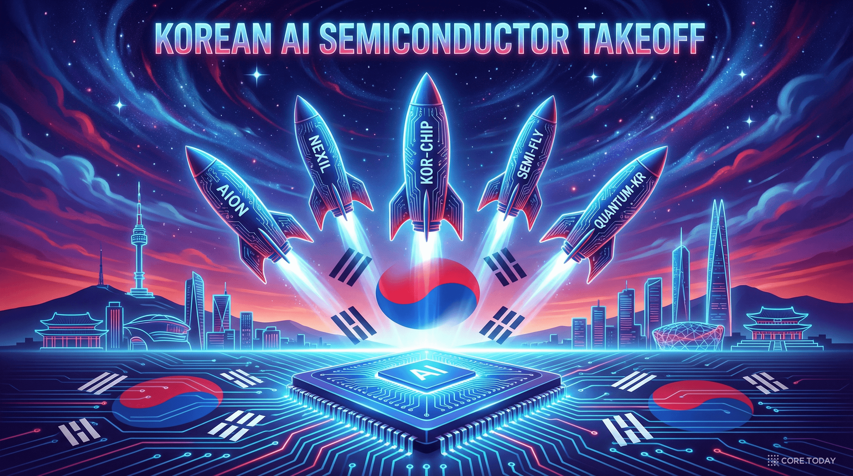 한국 AI 반도체 기업들이 거대 칩 발사대에서 로켓처럼 하늘로 솟아오르는 모습 — 서울 야경과 태극기를 배경으로 한 K-NPU 산업 일러스트