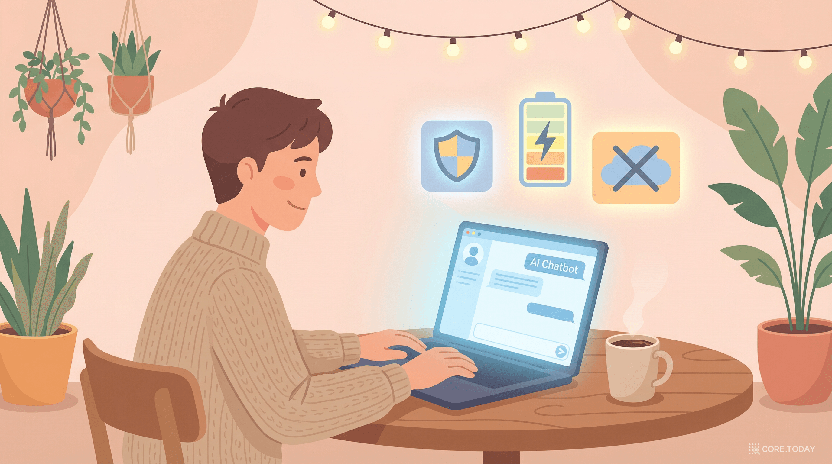 카페에서 노트북으로 AI를 로컬 실행하는 모습 — 프라이버시 보호, 긴 배터리 수명, 오프라인 AI의 장점을 보여주는 따뜻한 일러스트
