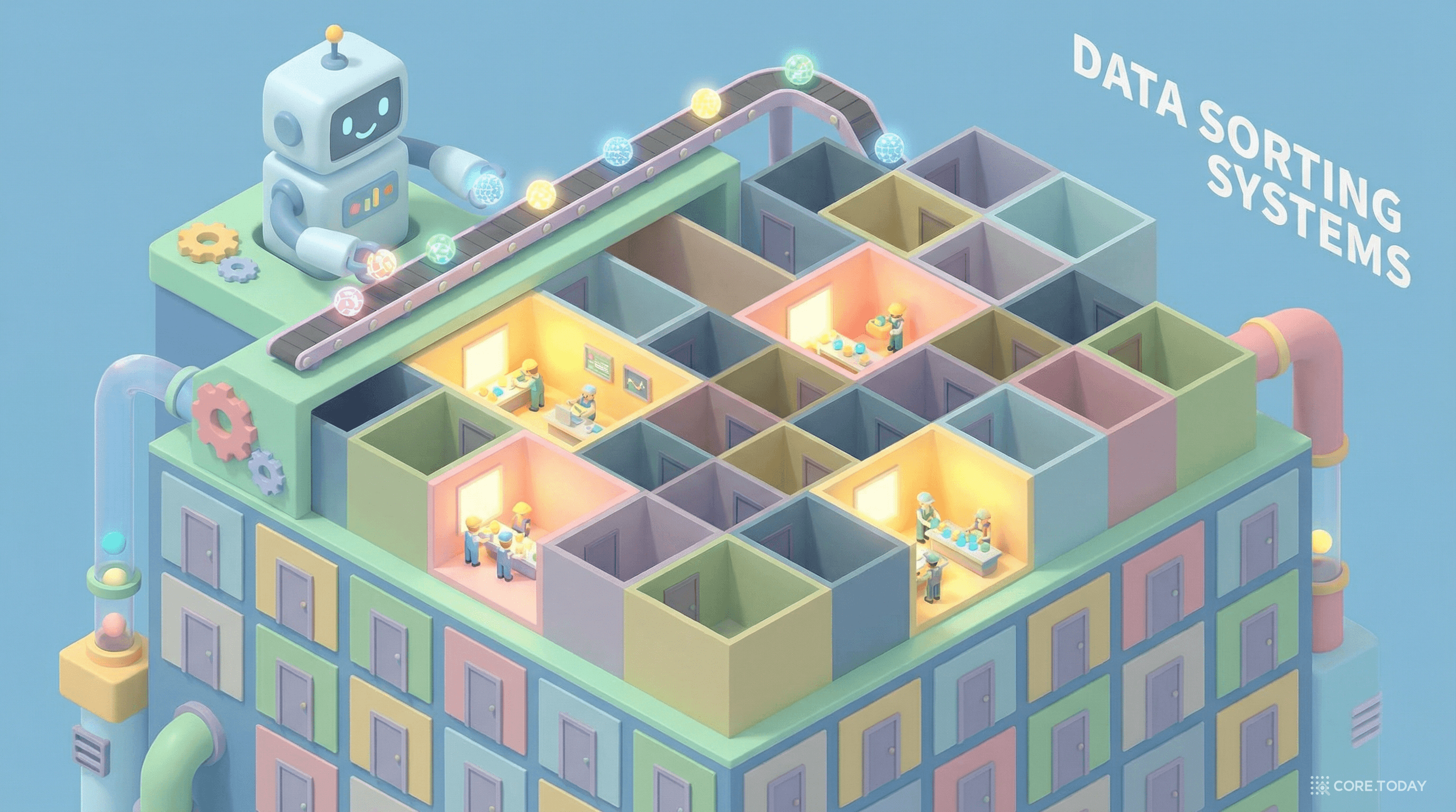 MoE(Mixture of Experts) 아키텍처를 건물 비유로 설명한 아이소메트릭 일러스트 — 로봇이 데이터를 분배하고, 128개 방 중 4개만 활성화되어 일하고 있다