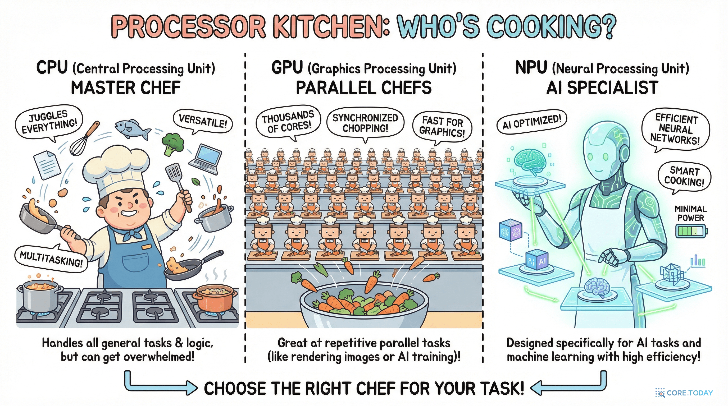 CPU는 만능 요리사, GPU는 대량 생산 보조 요리사 군단, NPU는 AI 전문 로봇 셰프 — 세 프로세서의 역할을 요리사 비유로 설명한 일러스트