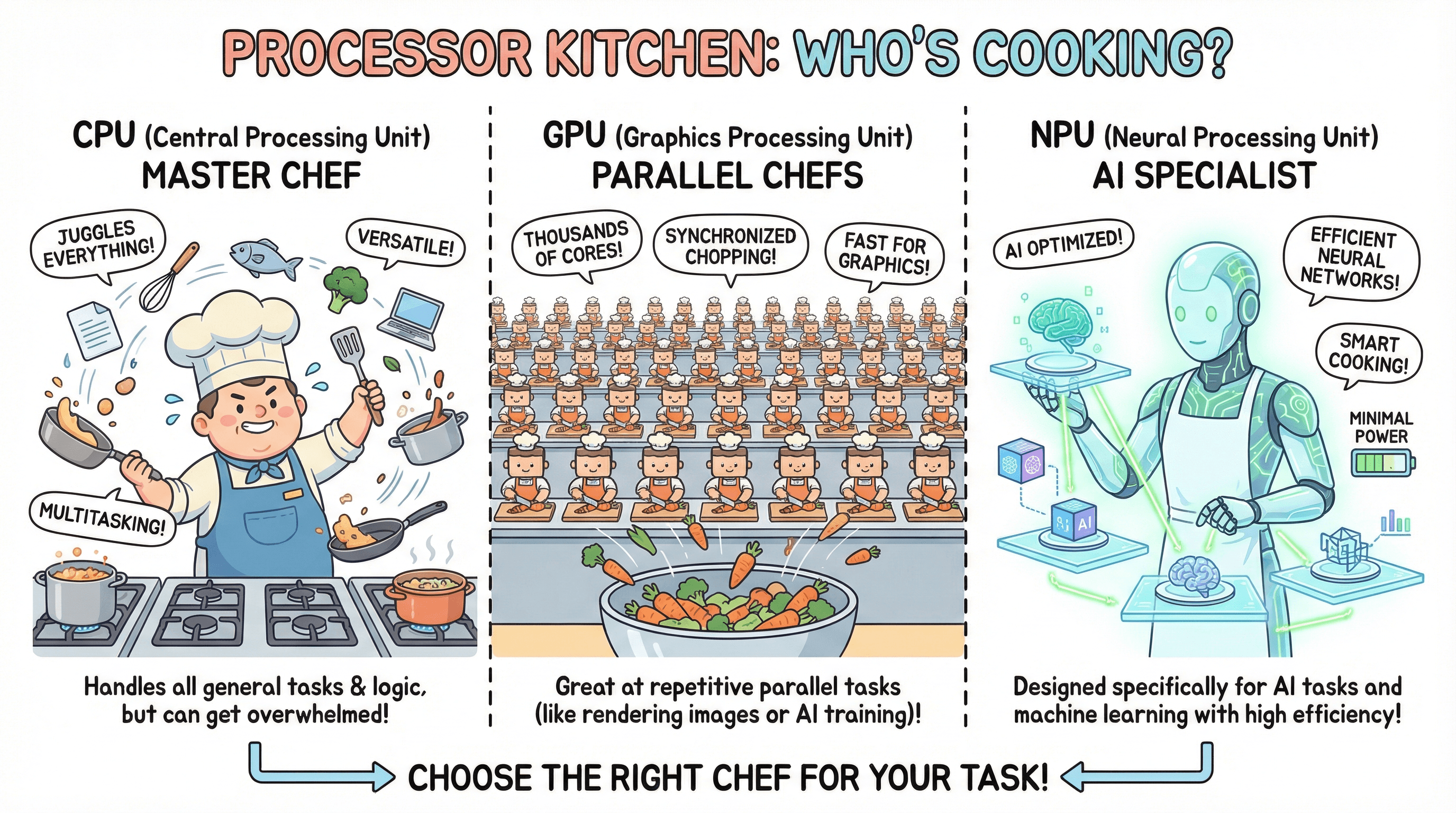 CPU는 만능 요리사, GPU는 대량 생산 보조 요리사 군단, NPU는 AI 전문 로봇 셰프 — 세 프로세서의 역할을 요리사 비유로 설명한 일러스트