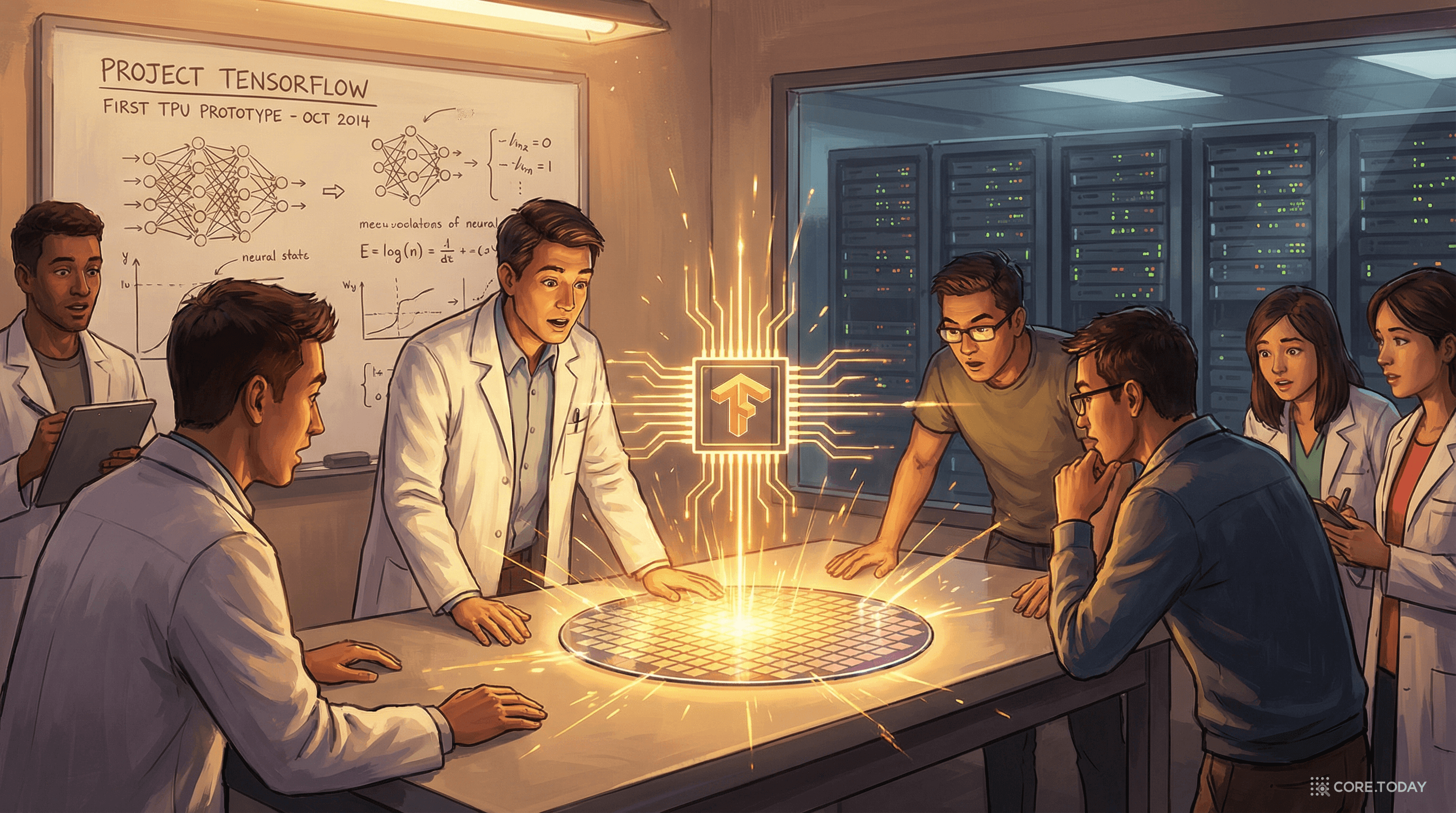 Google 엔지니어들이 최초의 AI 전용 칩 TPU를 탄생시키는 역사적 순간을 그린 일러스트