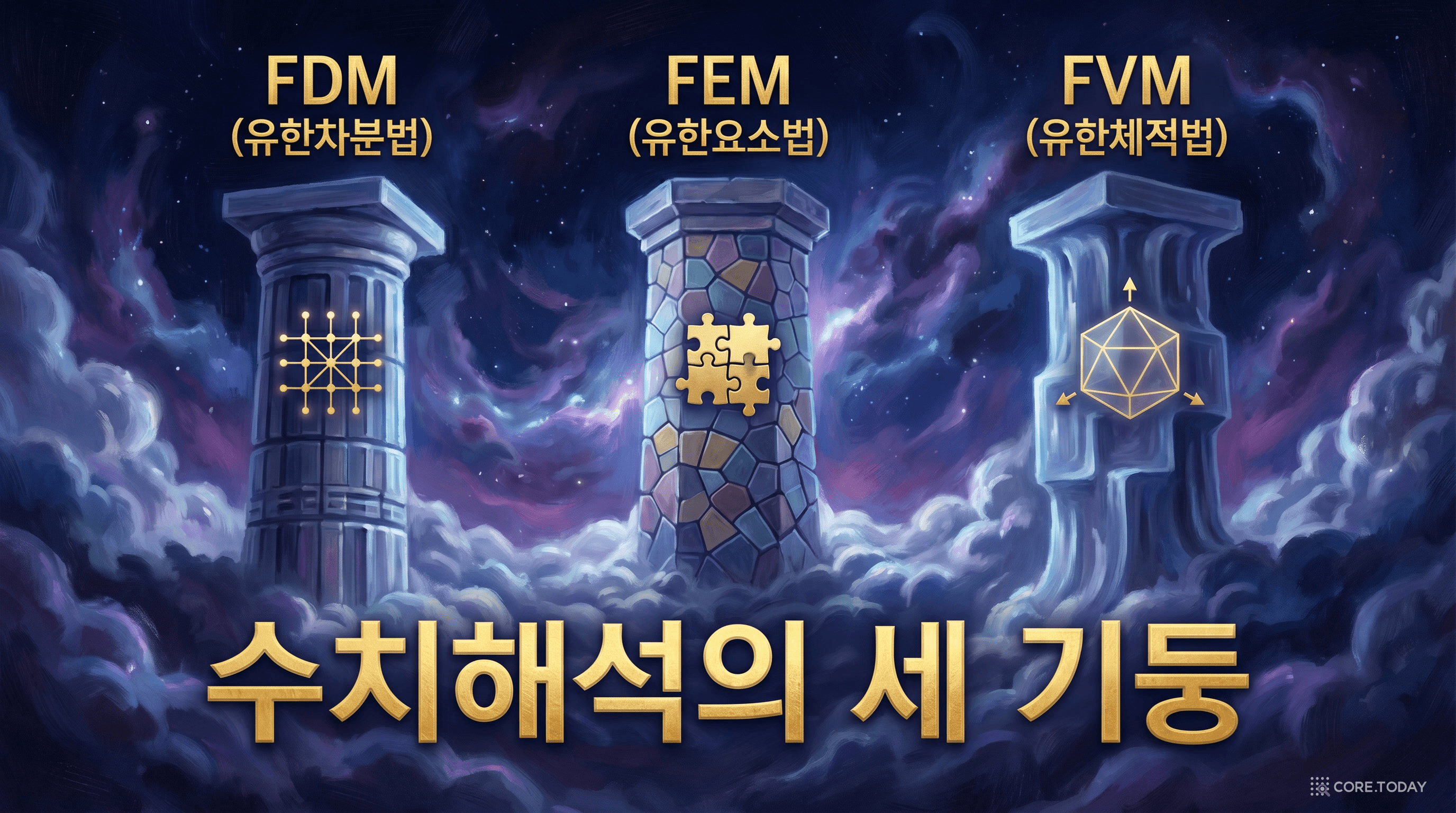수치해석의 세 기둥 — FDM · FEM · FVM이 떠받치는 시뮬레이션의 세계