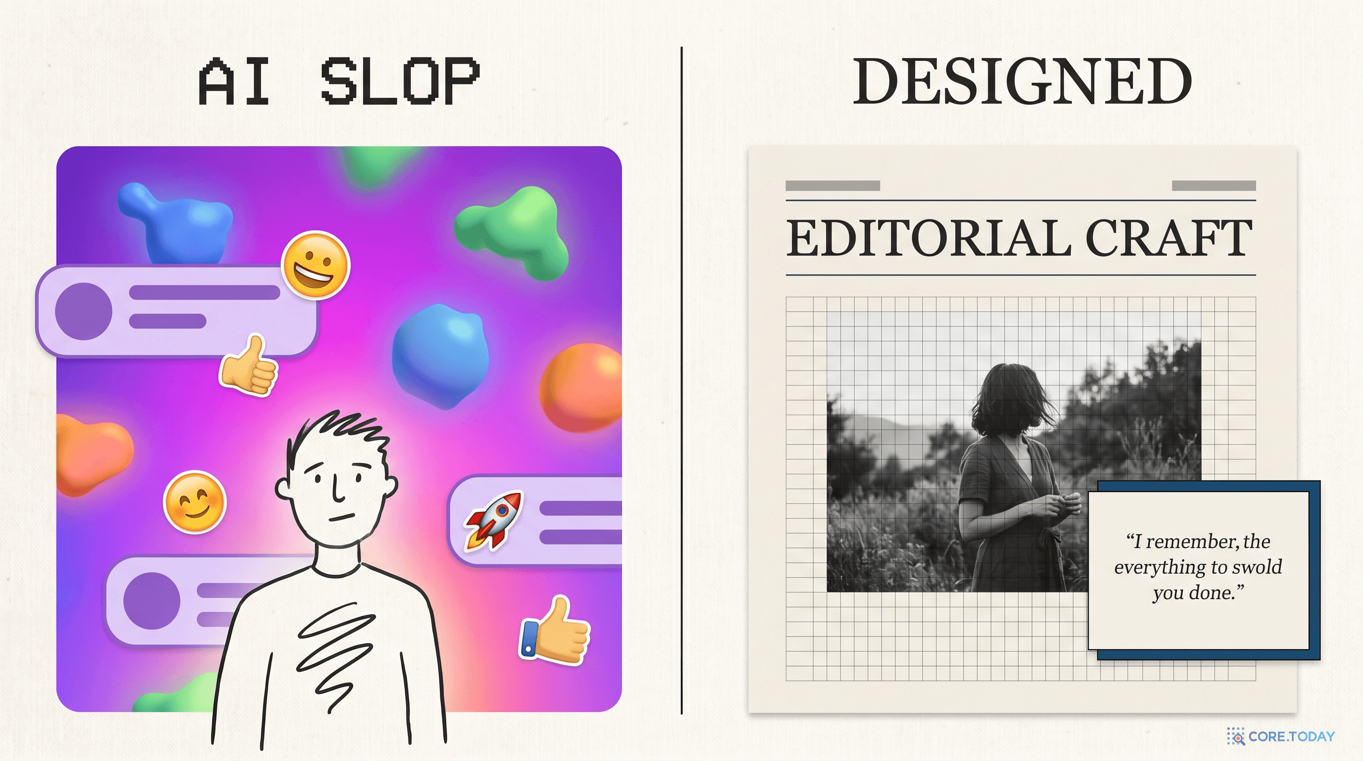 AI slop vs 디자인된 결과물 — 좌우 비교