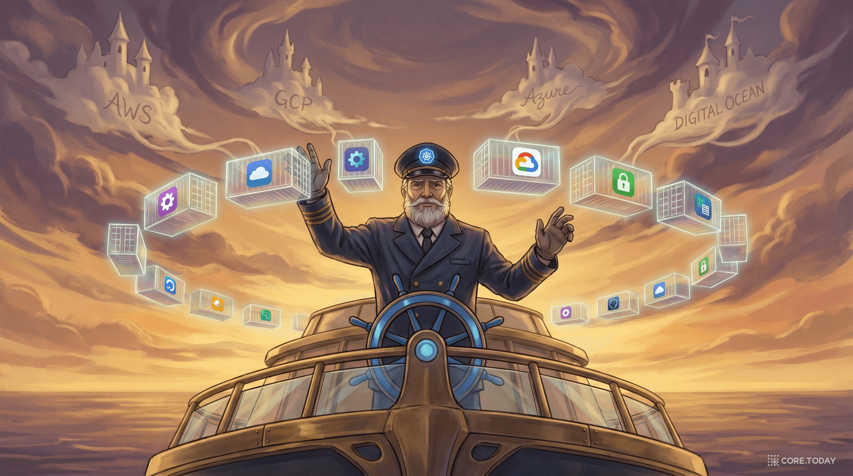 Kubernetes 선장이 컨테이너들을 지휘하는 모습