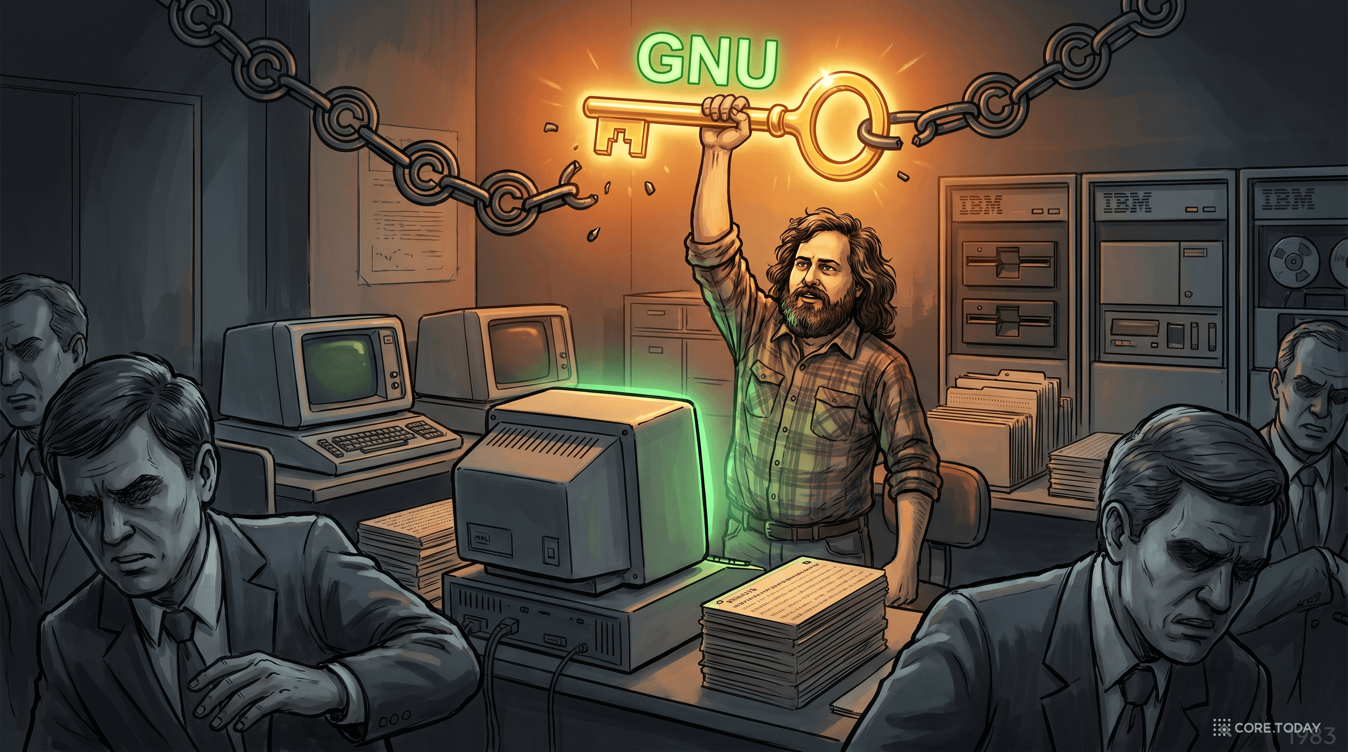 리처드 스톨먼이 GNU 선언을 외치는 1983년 MIT 컴퓨터실