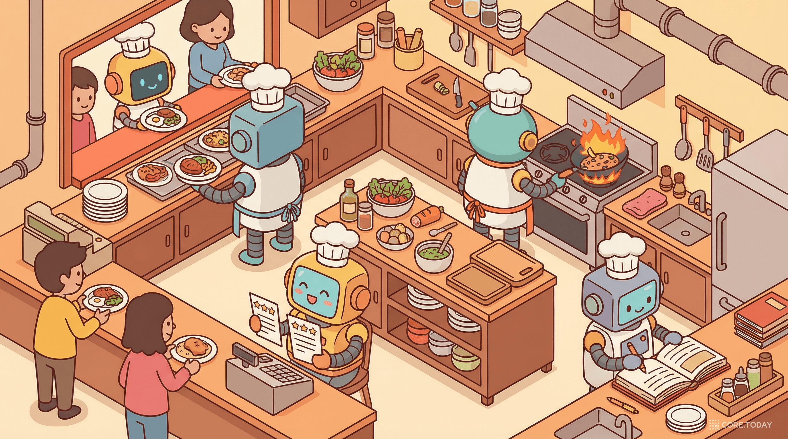 4개의 로봇 셰프가 각자 독립적으로 일하는 비동기 주방 아이소메트릭 일러스트