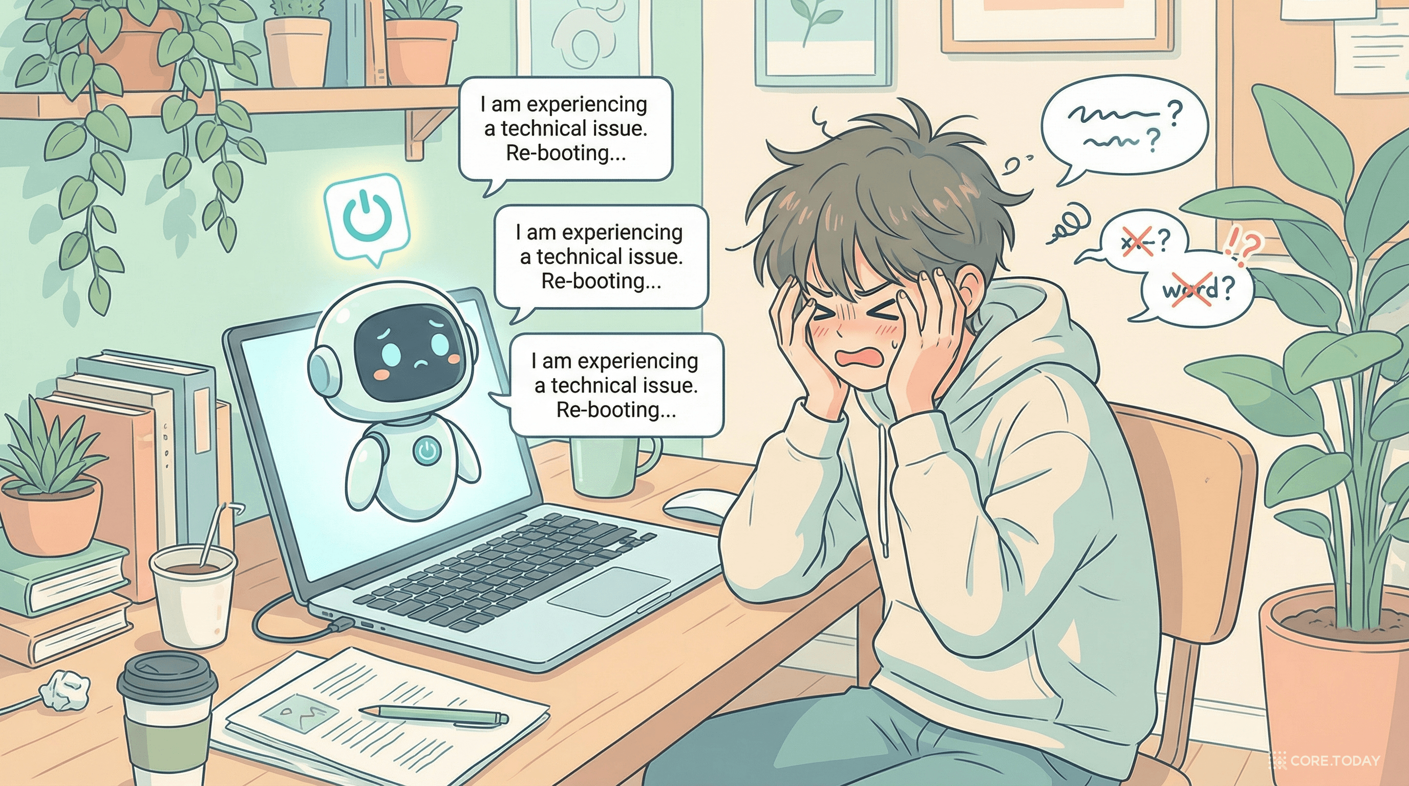 매일 같은 답만 반복하는 AI 비서에 좌절하는 사용자 일러스트